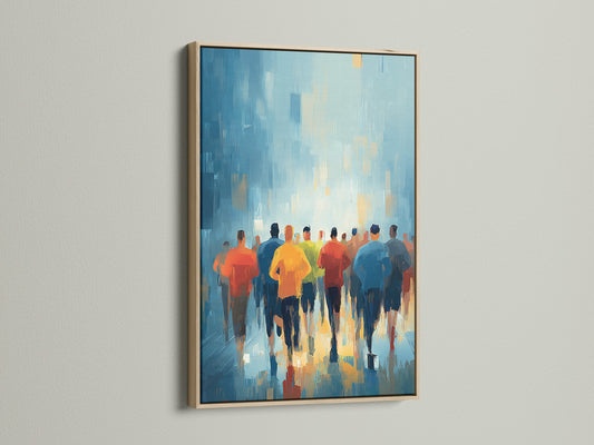 A contemporary sports canvas print showcases marathon runners in motion. The artwork is beautifully presented in an oak frame. Ideal wall decor for minimalist Scandinavian or eclectic styles. Add energy to your space.