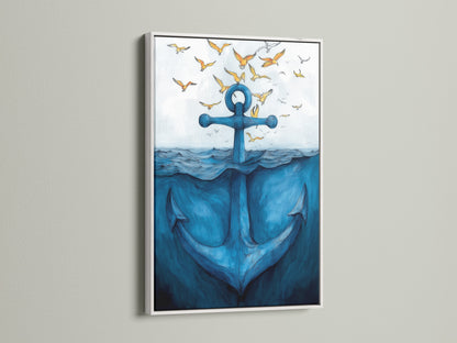 Experience the beauty of coastal art with this anchor artwork in a white frame. The ocean canvas adds a serene touch to any room. Perfect as bathroom wall art this nautical print complements sea themed interiors. A stunning piece of blue wall art.