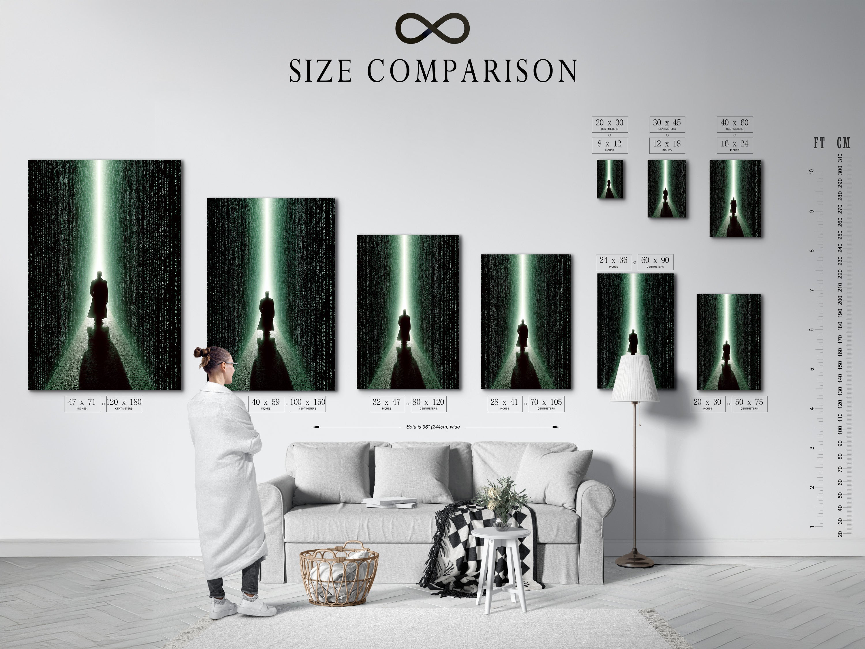 A size comparison chart is displayed in an interior setting. Visualize how different sizes of artwork will look in your home. The chart helps you choose the perfect size for your space. Make informed decisions with our size comparison chart. Plan your art today.