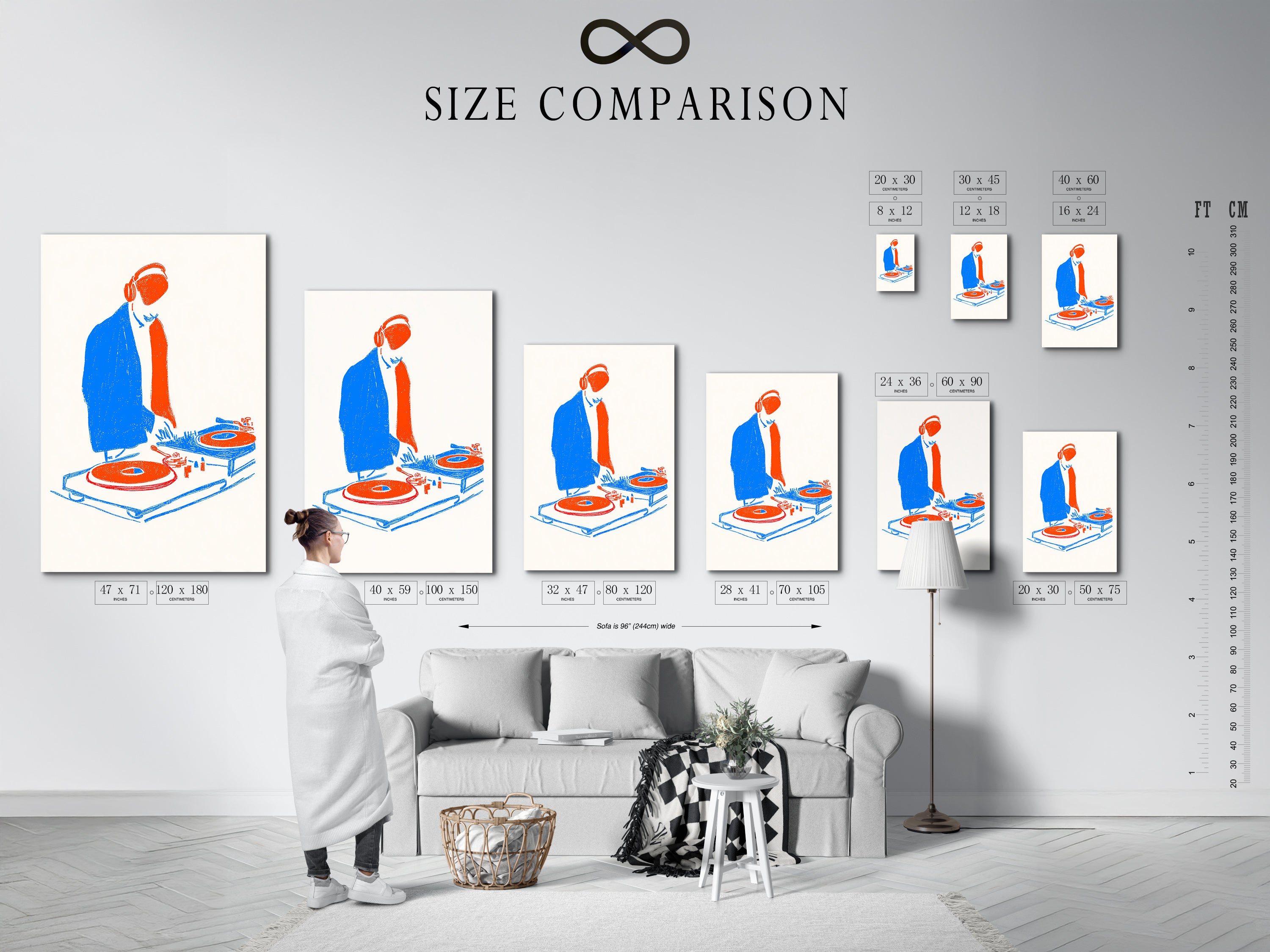Size comparison chart of the DJ Turntable art in an interior setting. See how the artwork fits in various spaces. This chart helps visualize the art print. It is great for music room decor. It also is great for studio wall art. Choose the perfect size for your retro music wall art.