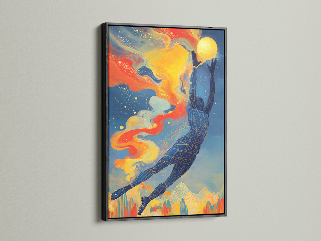 Geometric ocean wall art is showcased in a sleek black frame. The deep contrasts highlight the artwork's colorful details. The marine life canvas brings a sophisticated touch to gym wall art or recreational facilities with this sea animal art.
