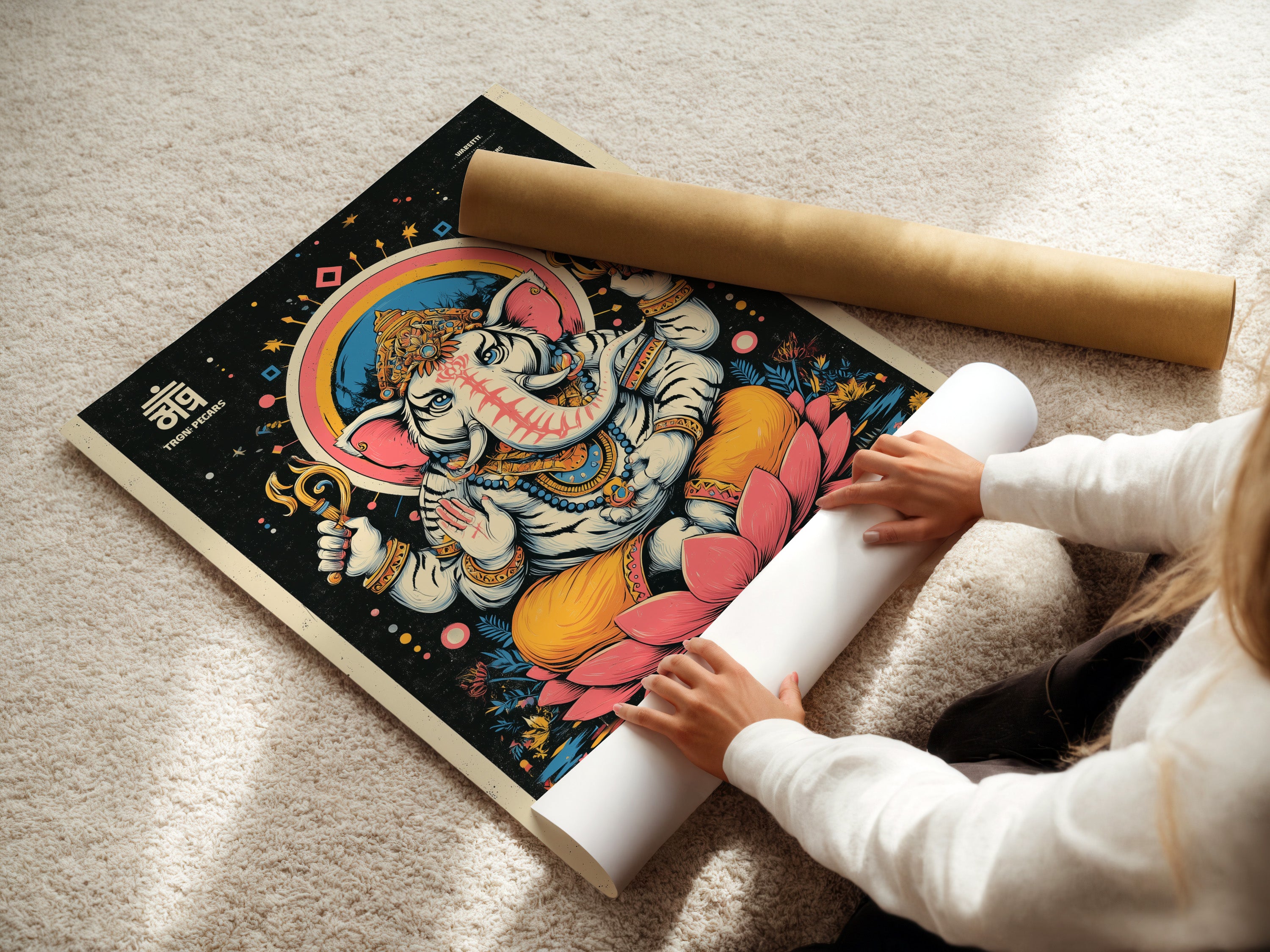 A woman is carefully rolling a fine art poster paper. This ensures safe transport and preserves the artwork. The spiritual meditation poster is ready for framing. High-quality materials guarantee a lasting piece. Perfect for home or studio.