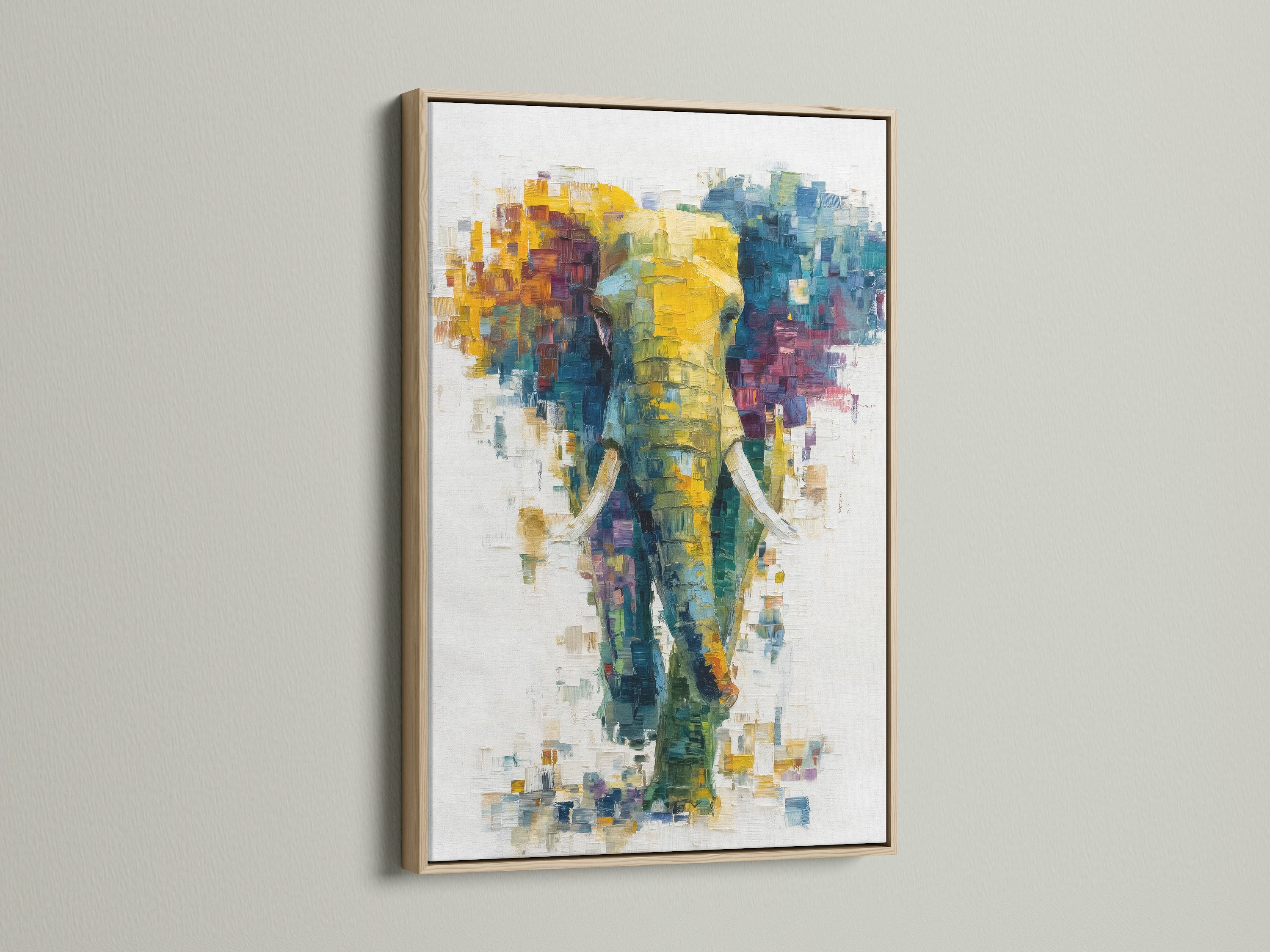 This image showcases an abstract elephant artwork in an oak frame. The colorful canvas art brings a modern aesthetic to your living room or office. The oak frame enhances the artwork's natural beauty.