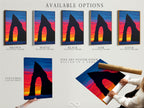 Available options are displayed including stretched canvas print fine art poster paper and floating frame. Choose the perfect format for your coastal arch canvas print. Modern ocean view artwork is available in multiple formats. The sunset seascape wall art is customizable to your style. Select your preferred option for this beautiful coastal artwork.