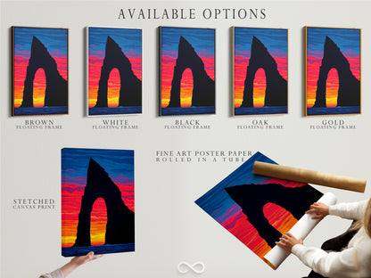 Available options are displayed including stretched canvas print fine art poster paper and floating frame. Choose the perfect format for your coastal arch canvas print. Modern ocean view artwork is available in multiple formats. The sunset seascape wall art is customizable to your style. Select your preferred option for this beautiful coastal artwork.