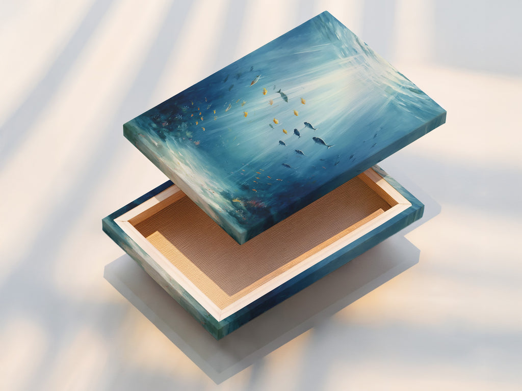 A stretched canvas print ready to hang. The underwater scene artwork brings the ocean to your home. This sea life wall art features an aqua blue palette. A great addition to coastal and bathroom decor.