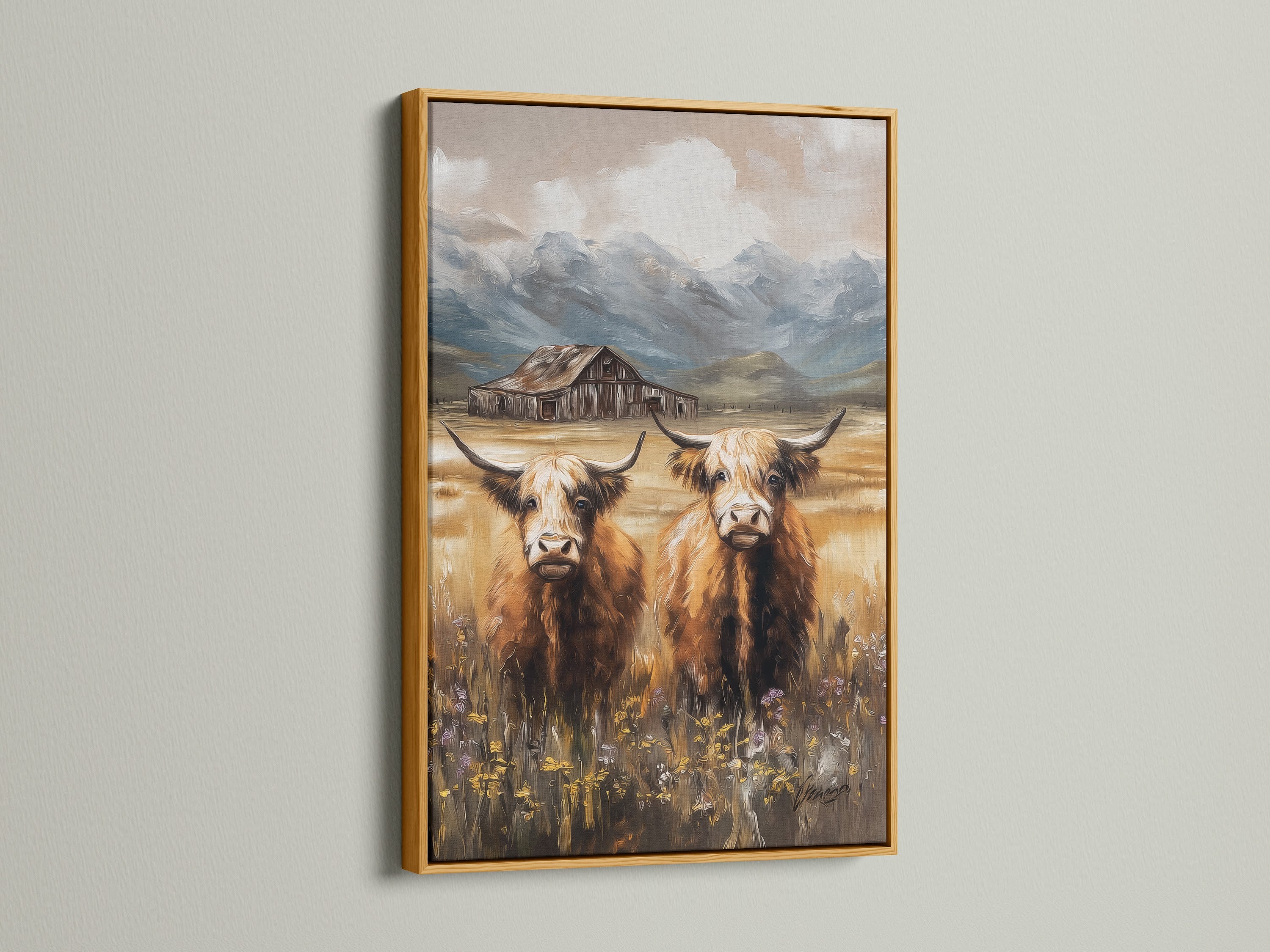 Highland cow print showcased in a gold frame. Elevate your farmhouse decor with this rustic yet elegant artwork. Perfect for adding a touch of Scottish charm to any room.