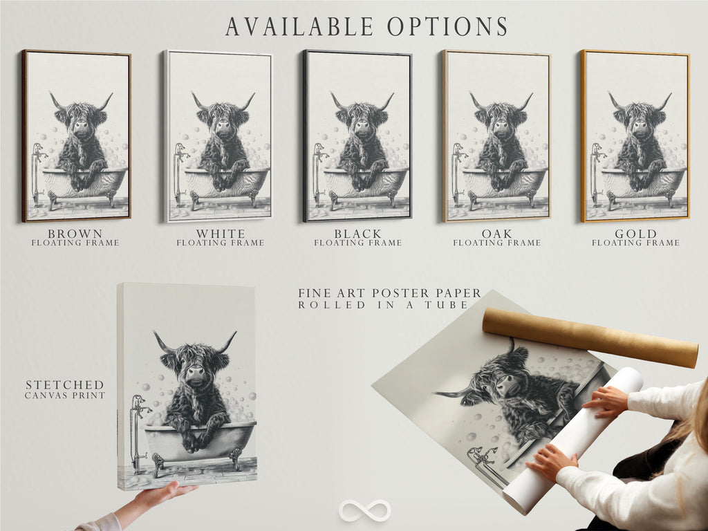 Available options for this highland cow artwork are displayed. Choose between a stretched canvas print fine art poster paper or a floating frame. Perfect for customizing your bathroom wall art. Explore our range of farmhouse decor options today.