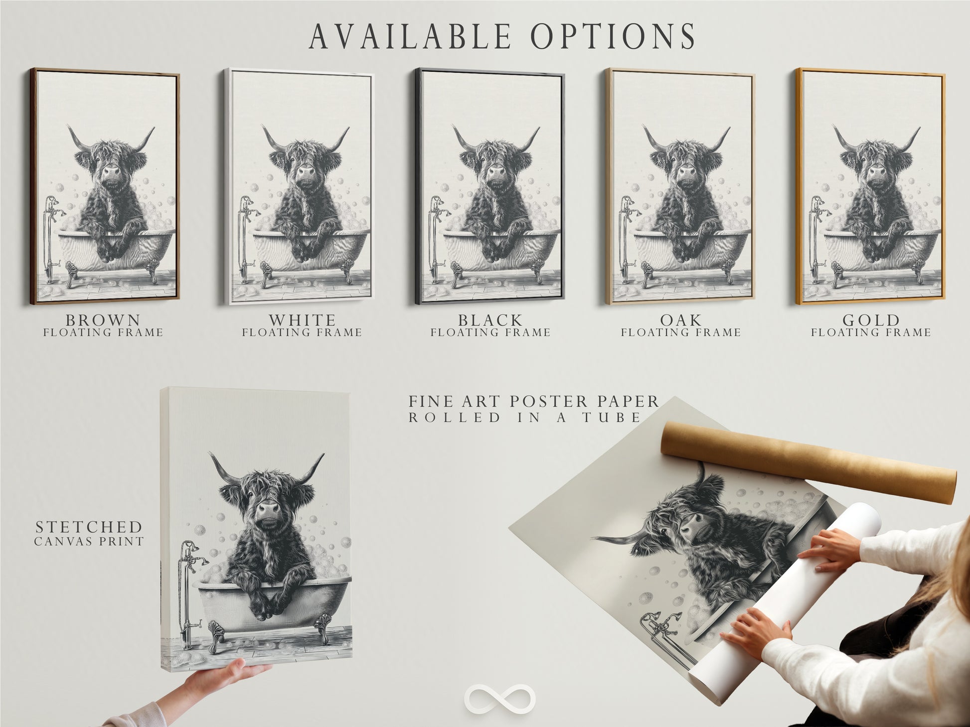 Available options for the Highland Cow in Tub artwork. Choose between a stretched canvas print fine art poster paper or a floating frame. This Scottish cow in a bathtub art is perfect for bathroom wall decor. Farm animal art adds a whimsical touch. Ideal for cow lovers and farmhouse aesthetics.