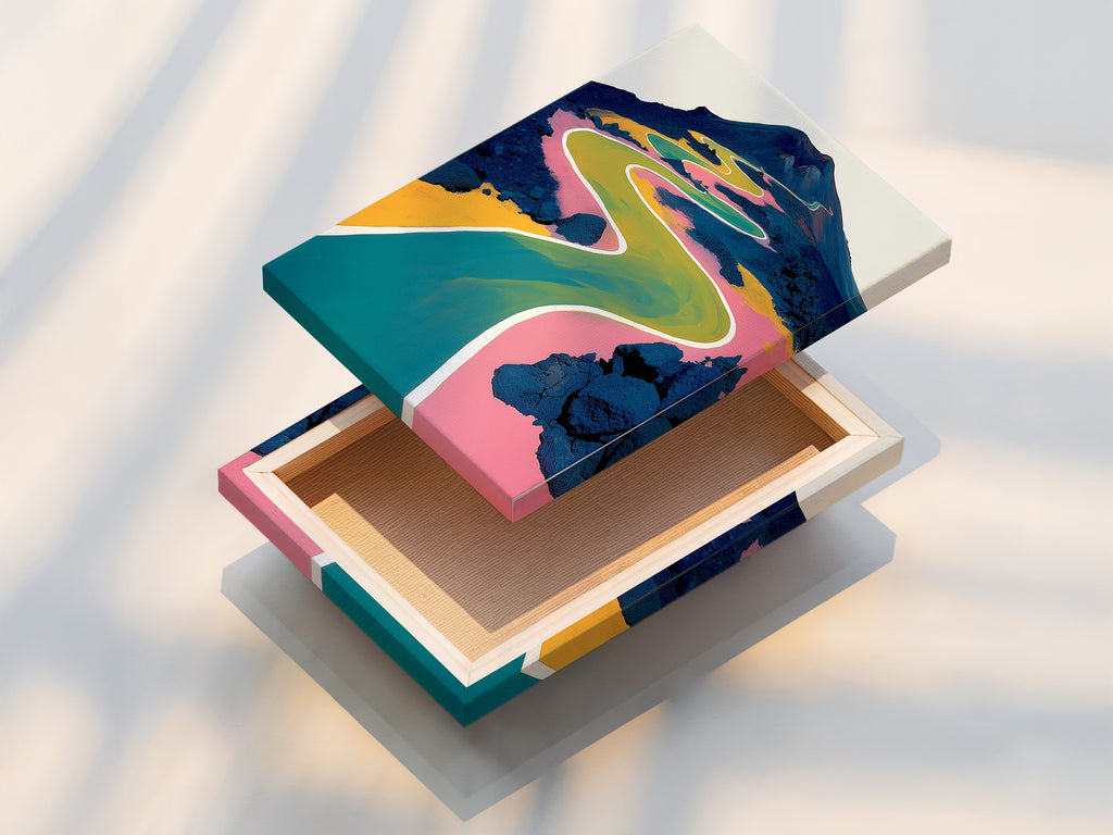 A stretched canvas print of an abstract mountain landscape. The vibrant colors and winding path create a modern look. Add this nature canvas print to your living room or office.
