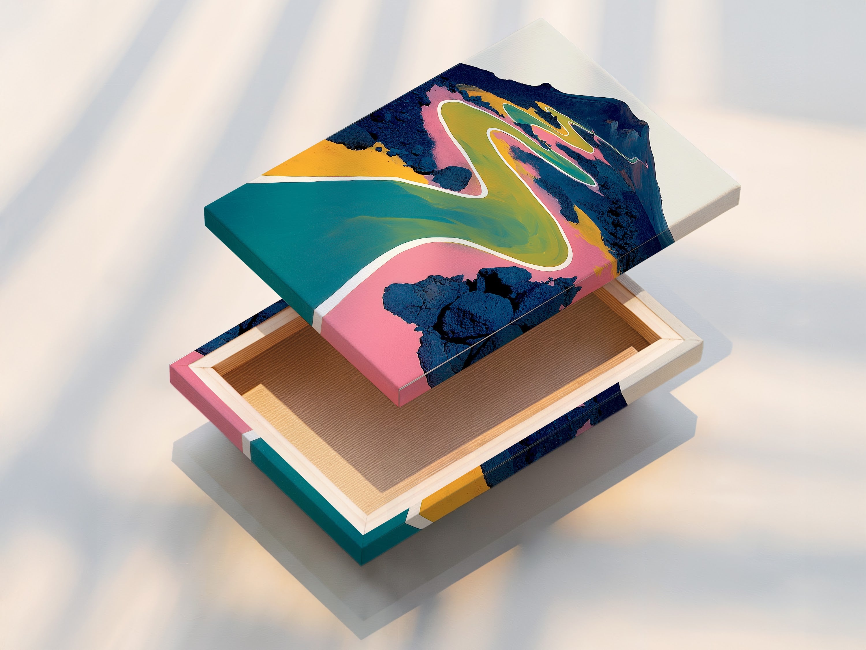 A stretched canvas print of an abstract mountain landscape. The vibrant colors and winding path create a modern look. Add this nature canvas print to your living room or office.