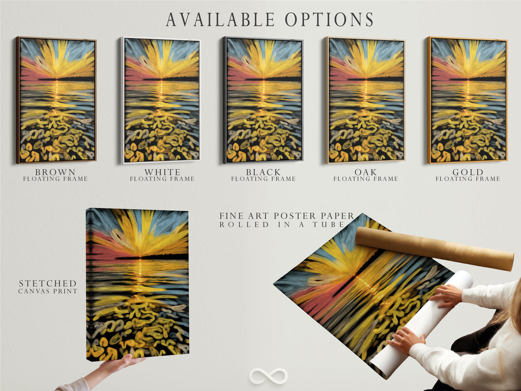 Explore available options for this abstract sunset artwork. Choose between a stretched canvas print fine art poster paper or a floating frame. The golden ocean wave art enhances coastal minimalist and contemporary styles. Shop now for the perfect piece.