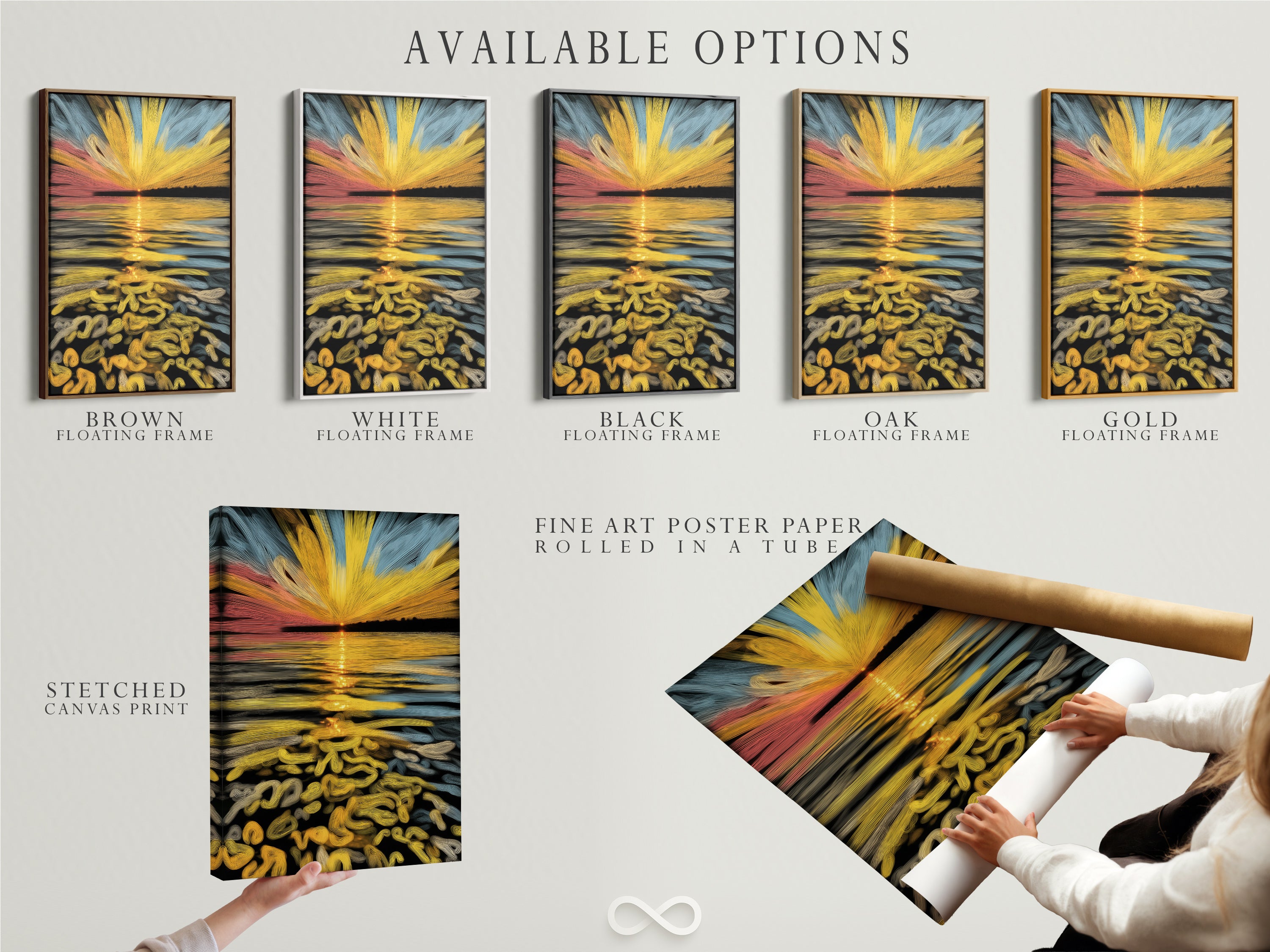 Explore available options for this abstract sunset artwork. Choose between a stretched canvas print fine art poster paper or a floating frame. The golden ocean wave art enhances coastal minimalist and contemporary styles. Shop now for the perfect piece.