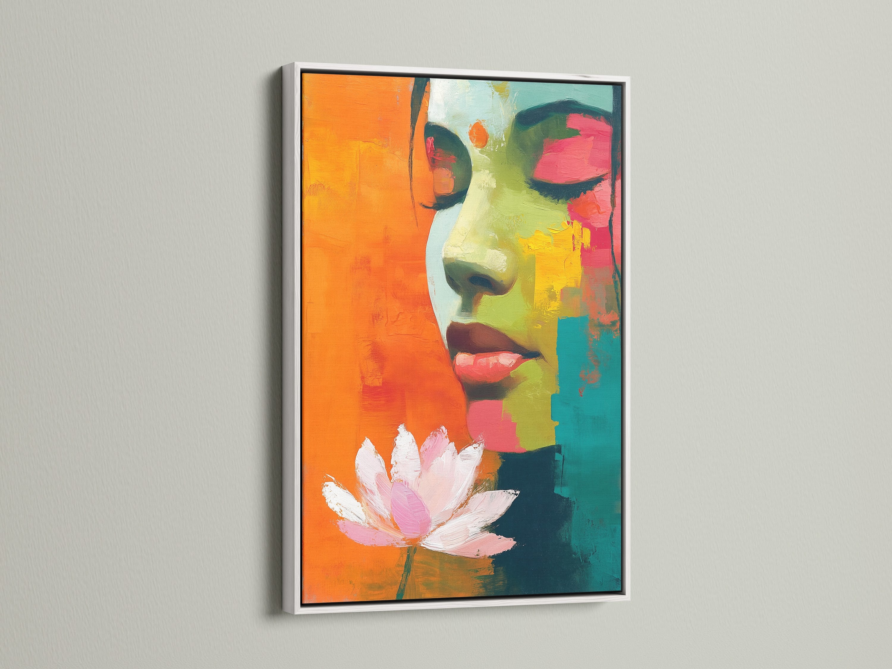 A white frame displays a captivating woman portrait art. This abstract piece includes a lotus flower. It is ideal for creating a serene atmosphere. The white frame accentuates the vibrant colors. It's perfect for modern spaces.