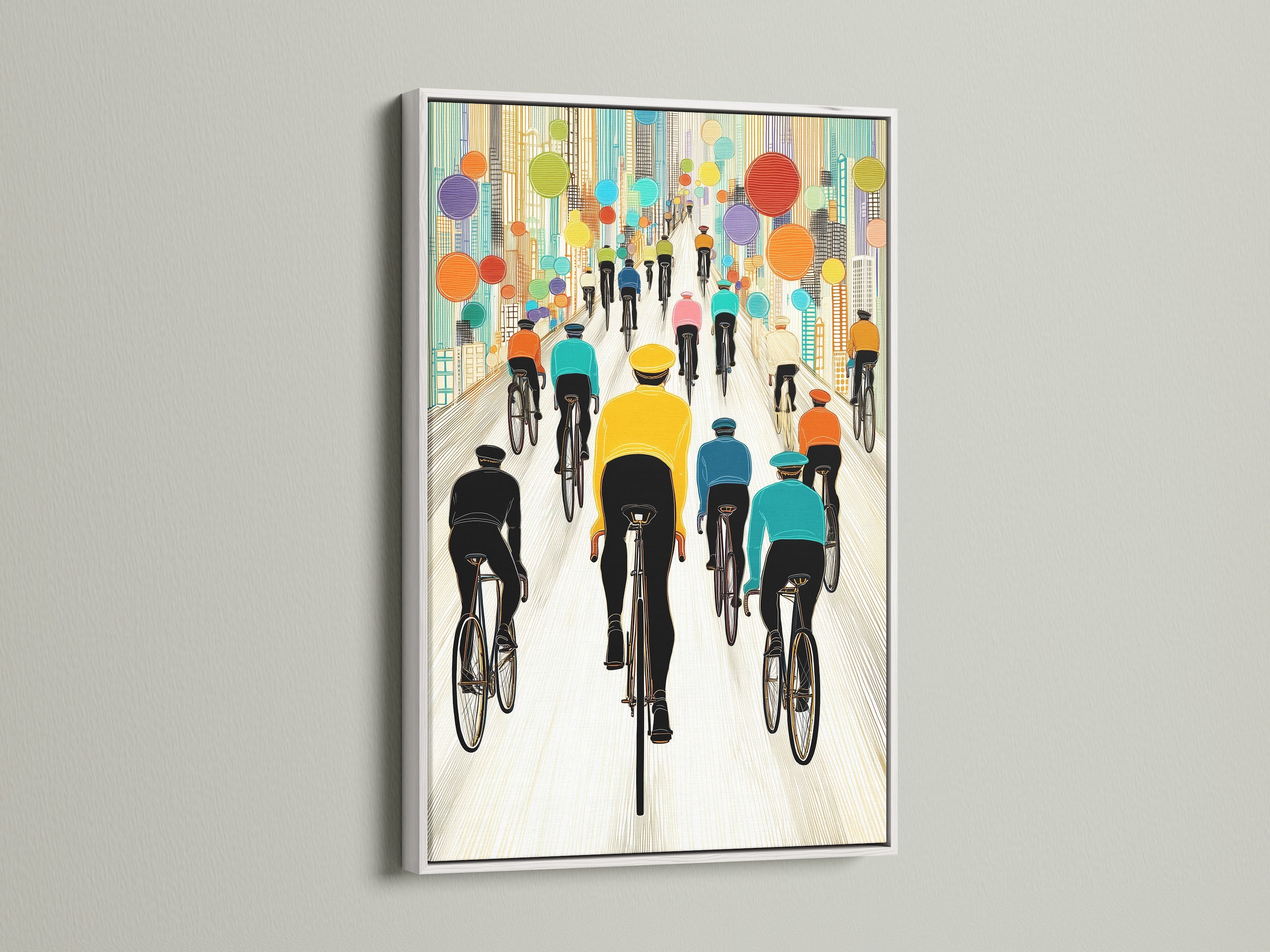 Bicycle Race canvas print in a white frame. The cyclists and colorful cityscape create a captivating scene. A perfect addition to any modern space. This artwork brings energy and style to your walls.