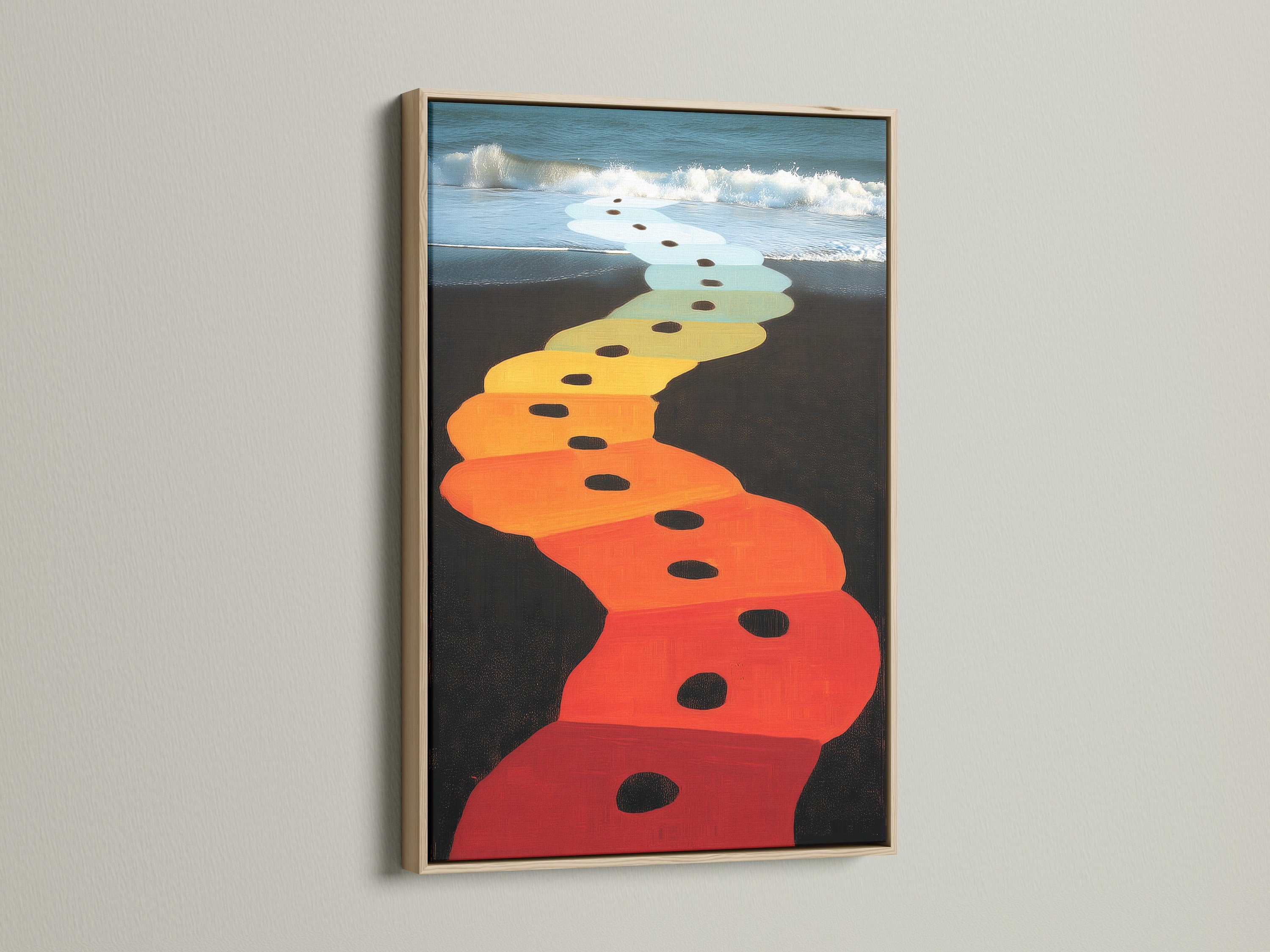 This is an oak frame showcasing a beach path art print. The artwork adds a modern coastal touch to any space. The oak frame enhances the colorful artwork. Ideal for living rooms bedrooms and offices. It brings a sense of calm and style to your walls.