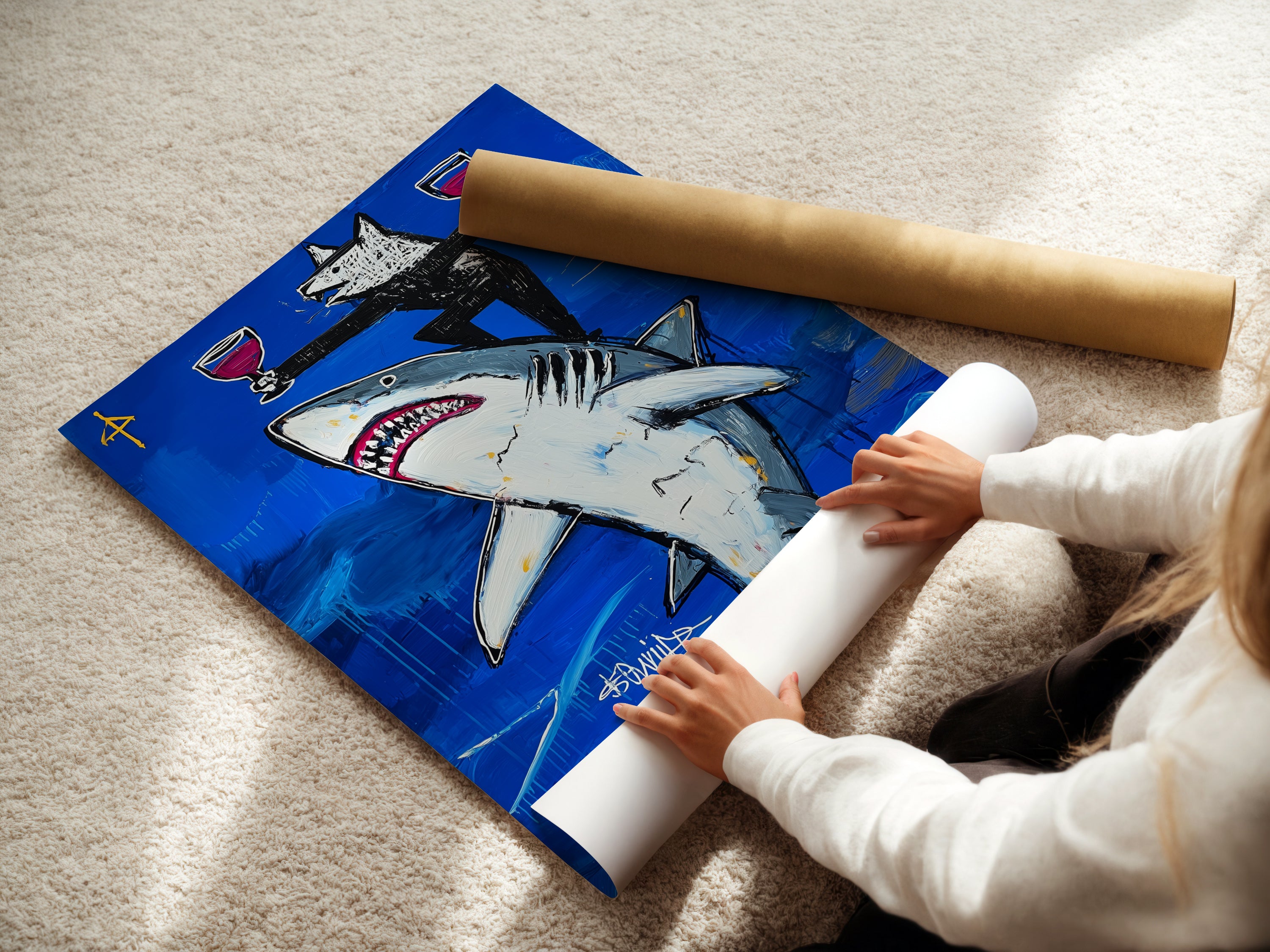 A woman carefully rolling a fine art poster paper print. This ensures the ocean canvas print arrives in perfect condition. Ideal for shark wall art collectors. The fine art paper enhances the marine art's details. It's ready to frame and display.