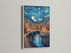 Artwork with a white frame hanging on a white wall. The art piece is a night scene with the Eiffel Tower in Paris. The artwork is reflecting on the water. The white frame gives a clean modern look. This is high-quality artwork.
