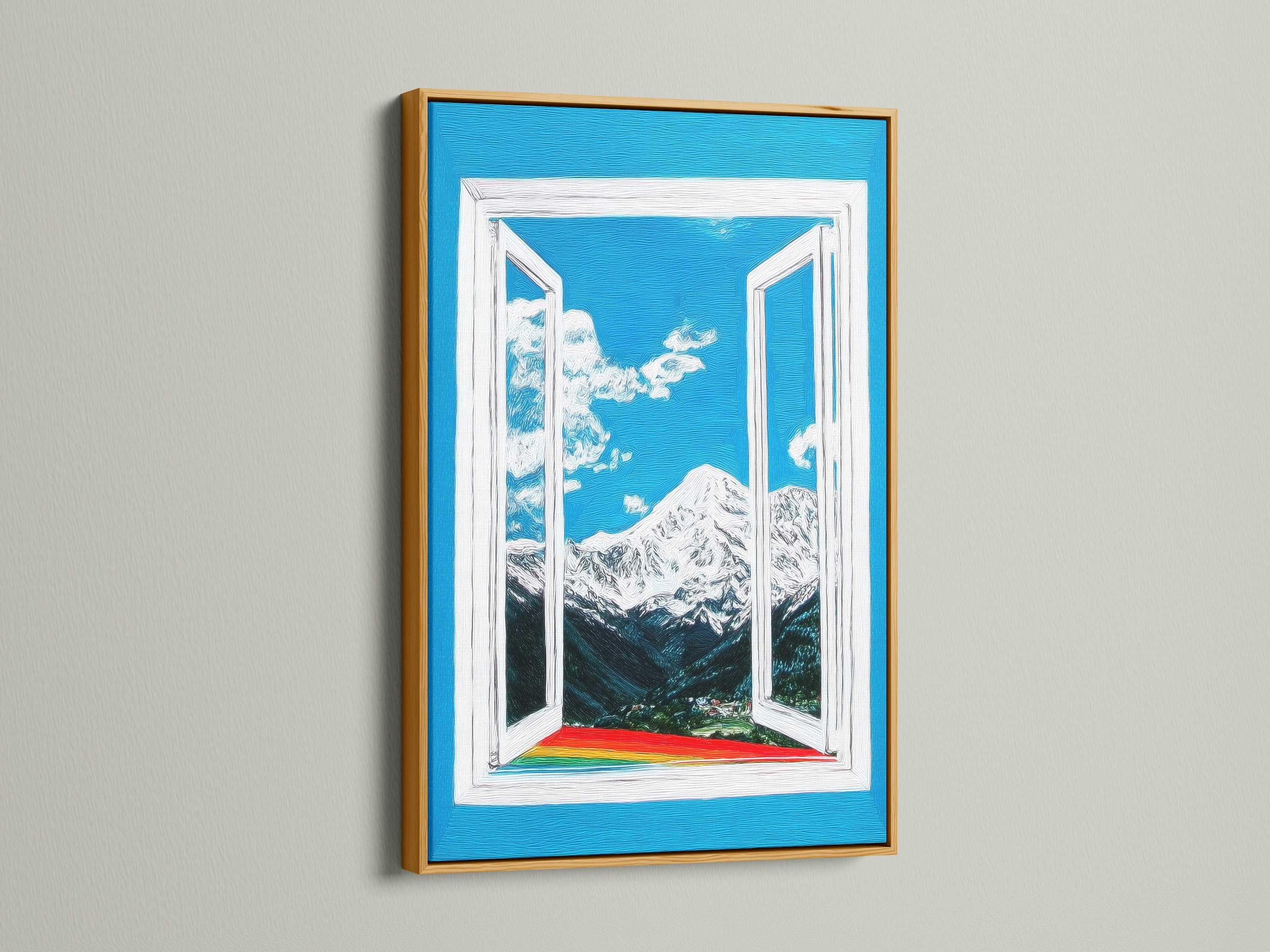 The mountain view artwork is elegantly framed in gold. The bright blue sky and rainbow add a vibrant touch. The open window wall art enhances any room with its scenic beauty. This piece brings a luxurious feel to your home decor. Perfect for adding a touch of color.