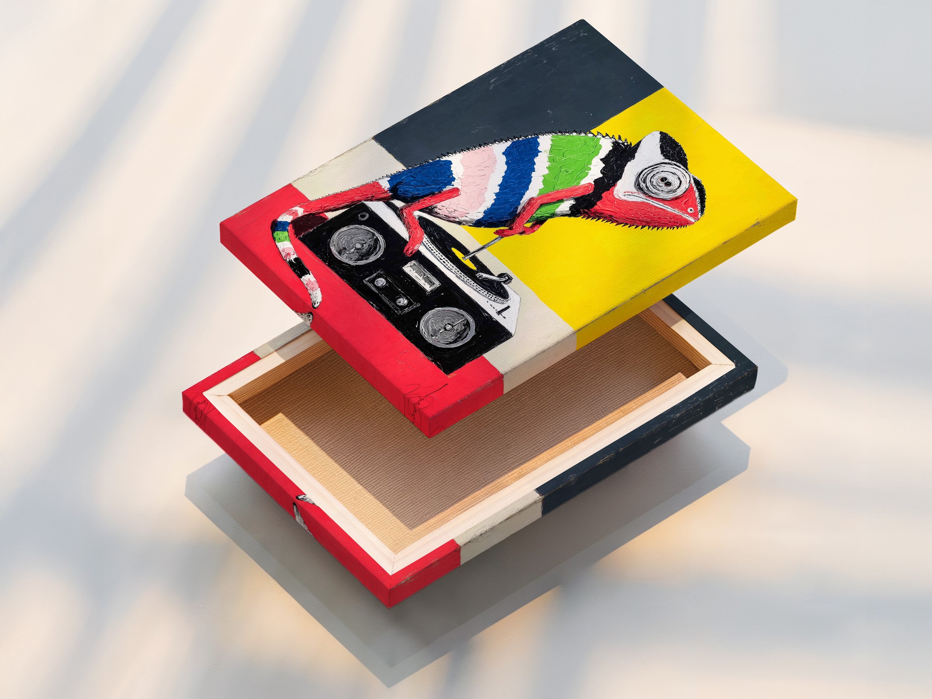 A stretched canvas print of the colorful chameleon art. This ready to hang piece transforms any room. The vibrant colors and pop art style add a playful touch. Perfect for music lovers.