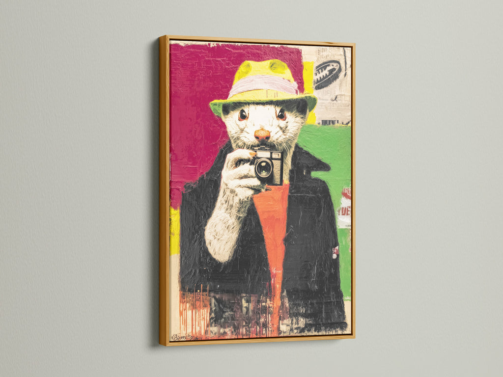 The Hipster Otter artwork is presented in a luxurious gold frame. This elegant frame adds a touch of glamour to the quirky animal portrait. It is perfect for adding a pop of color to any room. Make a statement with this framed art.