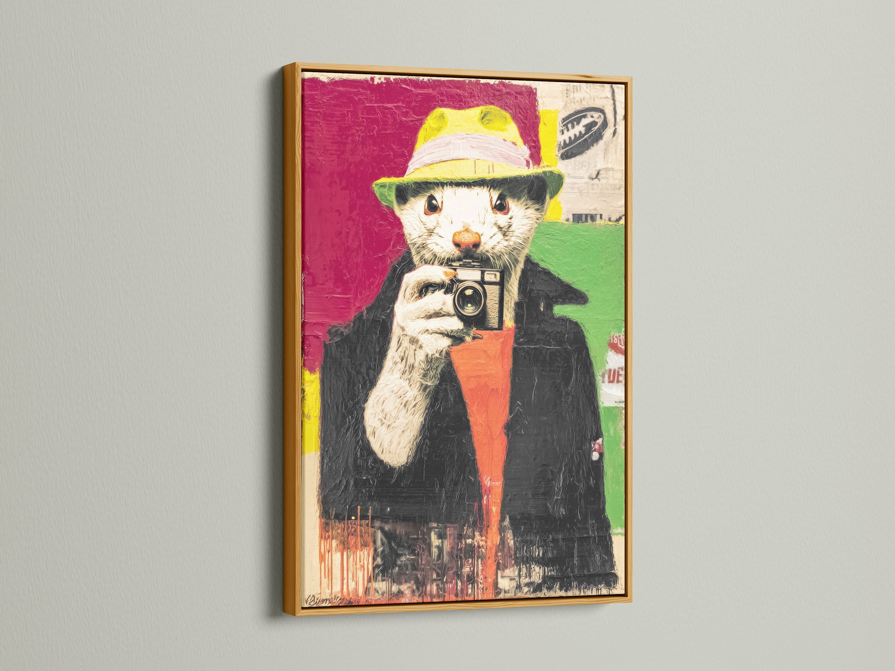 The Hipster Otter artwork is presented in a luxurious gold frame. This elegant frame adds a touch of glamour to the quirky animal portrait. It is perfect for adding a pop of color to any room. Make a statement with this framed art.