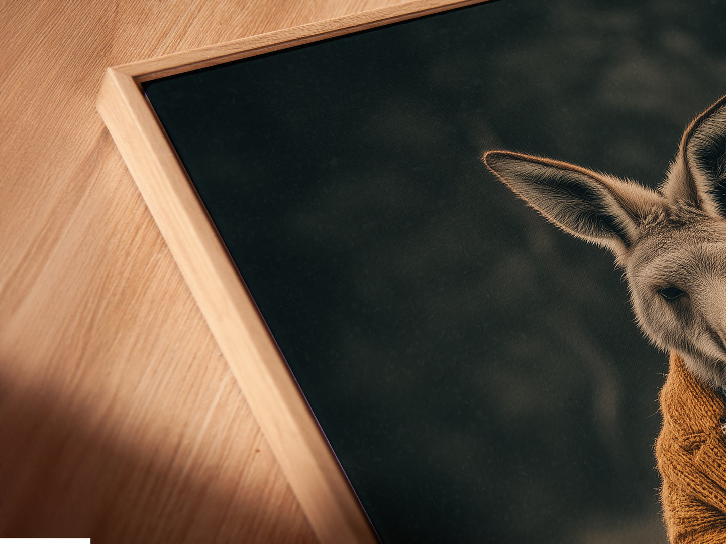 Get a close-up view of this fine art poster. It's displayed in a floating frame. The angled perspective showcases the artwork’s details. Ideal for home offices and studios this print adds elegance. See the texture and quality of this stretched canvas. This piece is perfect for homeowners and interior decorators.