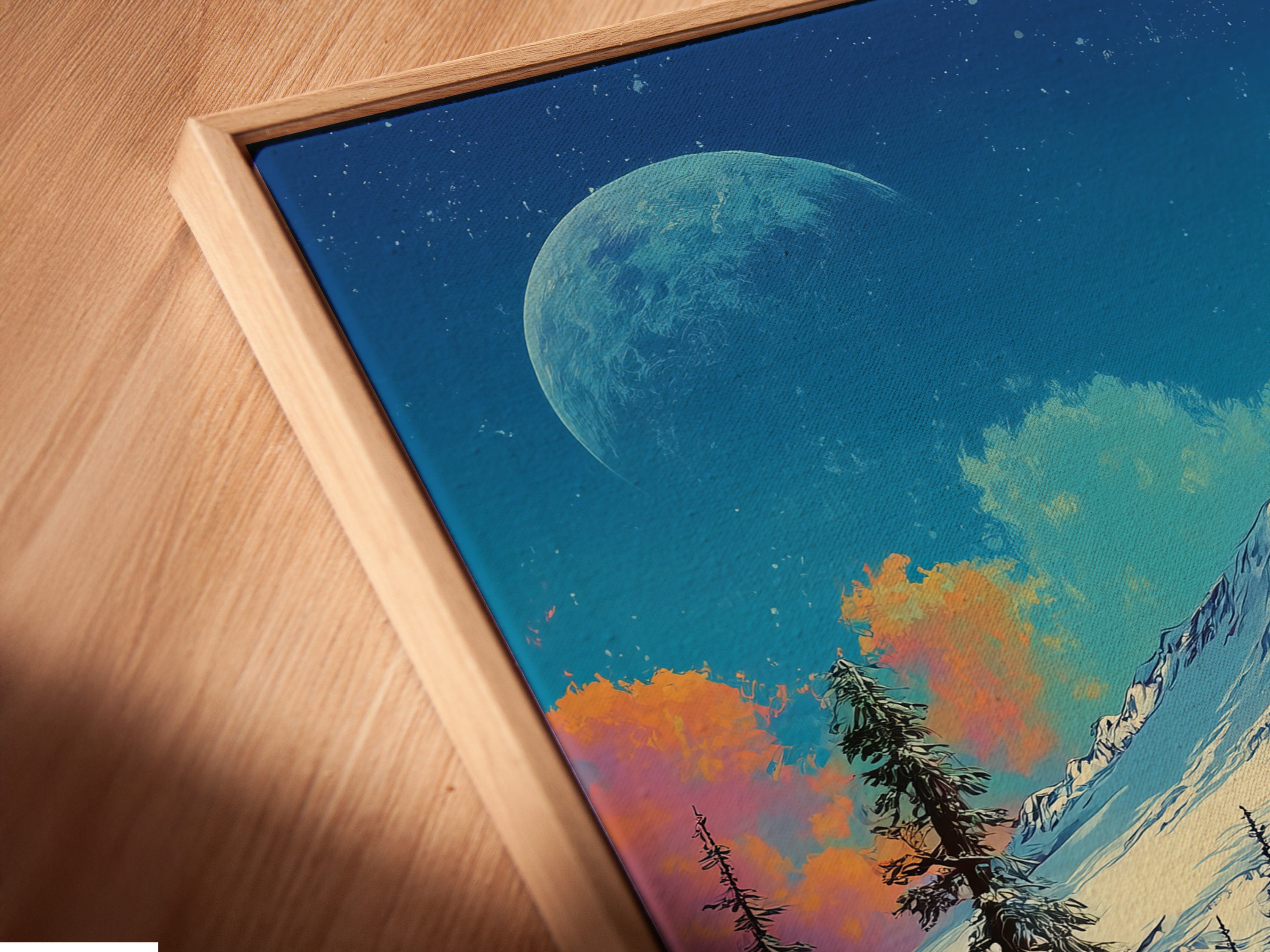 A close-up of a vintage bus mountain canvas artwork. It is displayed in a floating frame. The frame enhances the colorful adventure landscape of this retro travel artwork for any space.