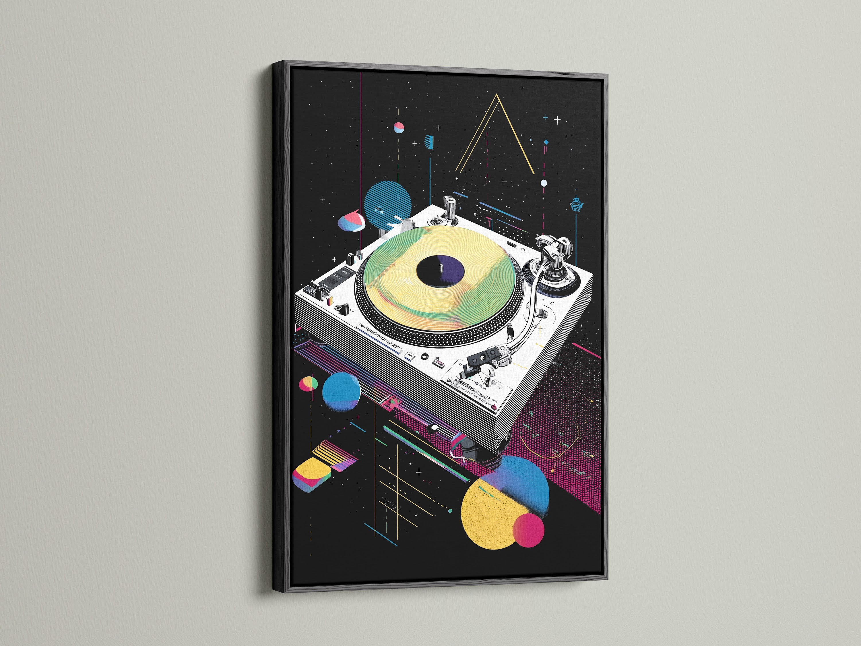 Retro turntable artwork displayed in a black frame. The synthwave music wall art creates a vaporwave DJ decor. A perfect accent for a studio or office space. The primary color is black and the secondary color is yellow.
