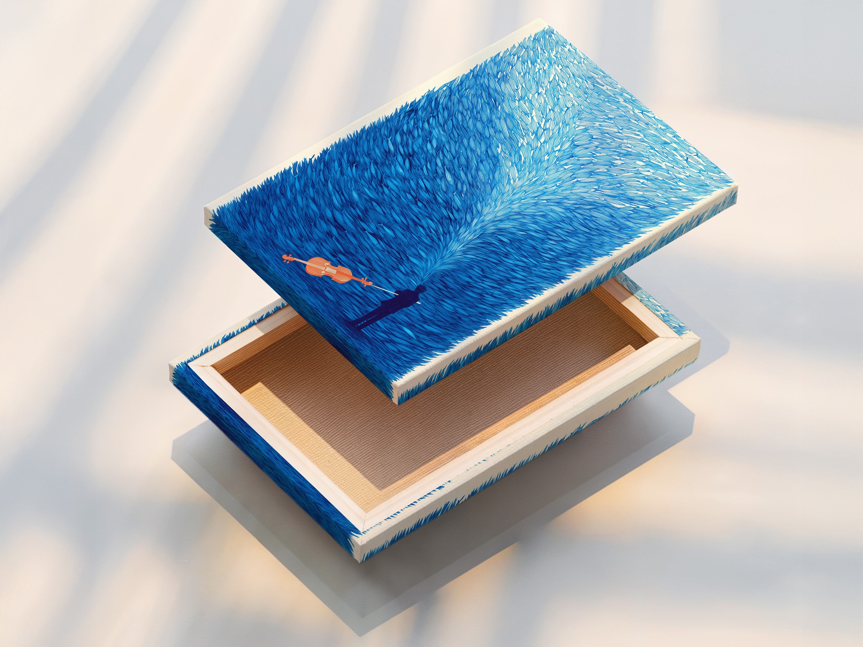 The photo showcases a stretched canvas print. It highlights the texture and depth of the musical artwork. The surreal violin wall art is ready to hang. The indigo blue art print creates a focal point in any room. Ideal for modern minimalist and coastal interiors.