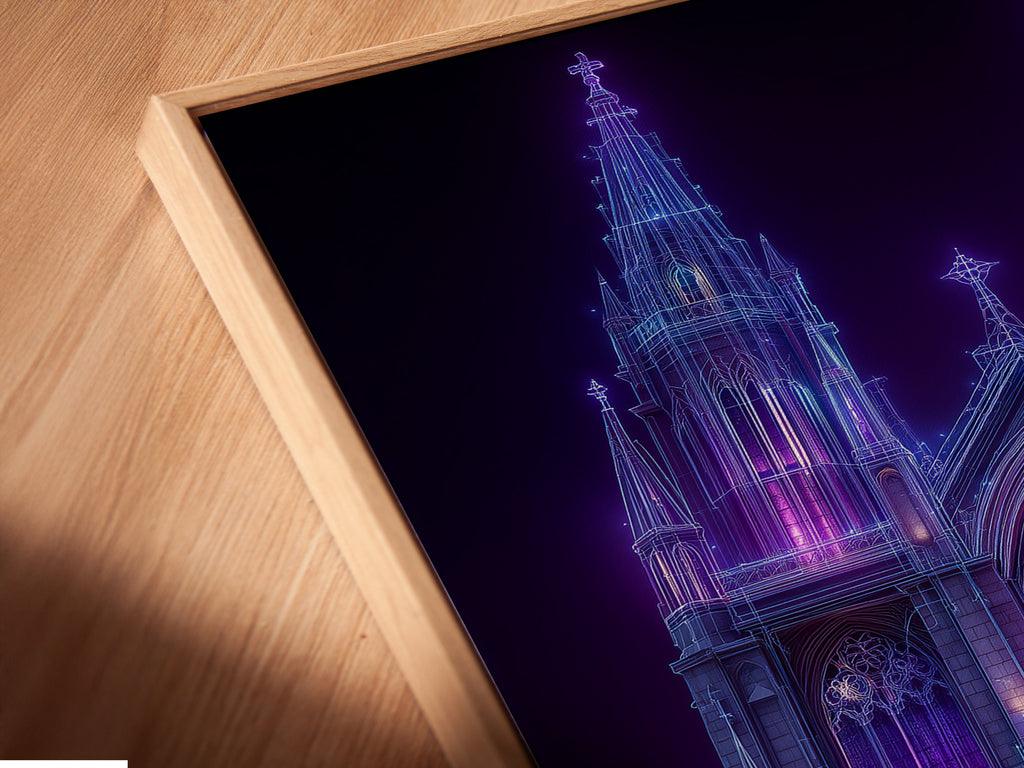 Get a close-up view of this canvas print in a floating frame. The neon purple art seems to float. This gothic cathedral art makes a statement. Perfect for cyberpunk decor and futuristic art. Add depth to your office wall art.