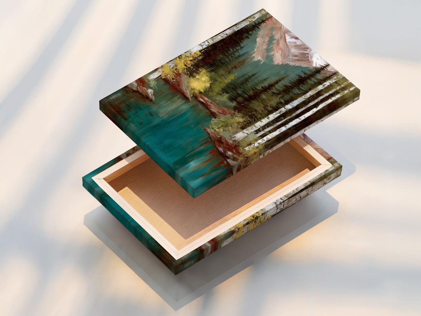 Stretched canvas print of the Mountain Lake artwork. The artwork features a serene teal lake surrounded by a lush forest and snow-capped mountains. The stretched canvas provides a gallery-ready look. Perfect for homeowners seeking to bring nature into their living spaces. Add a touch of woodland elegance.