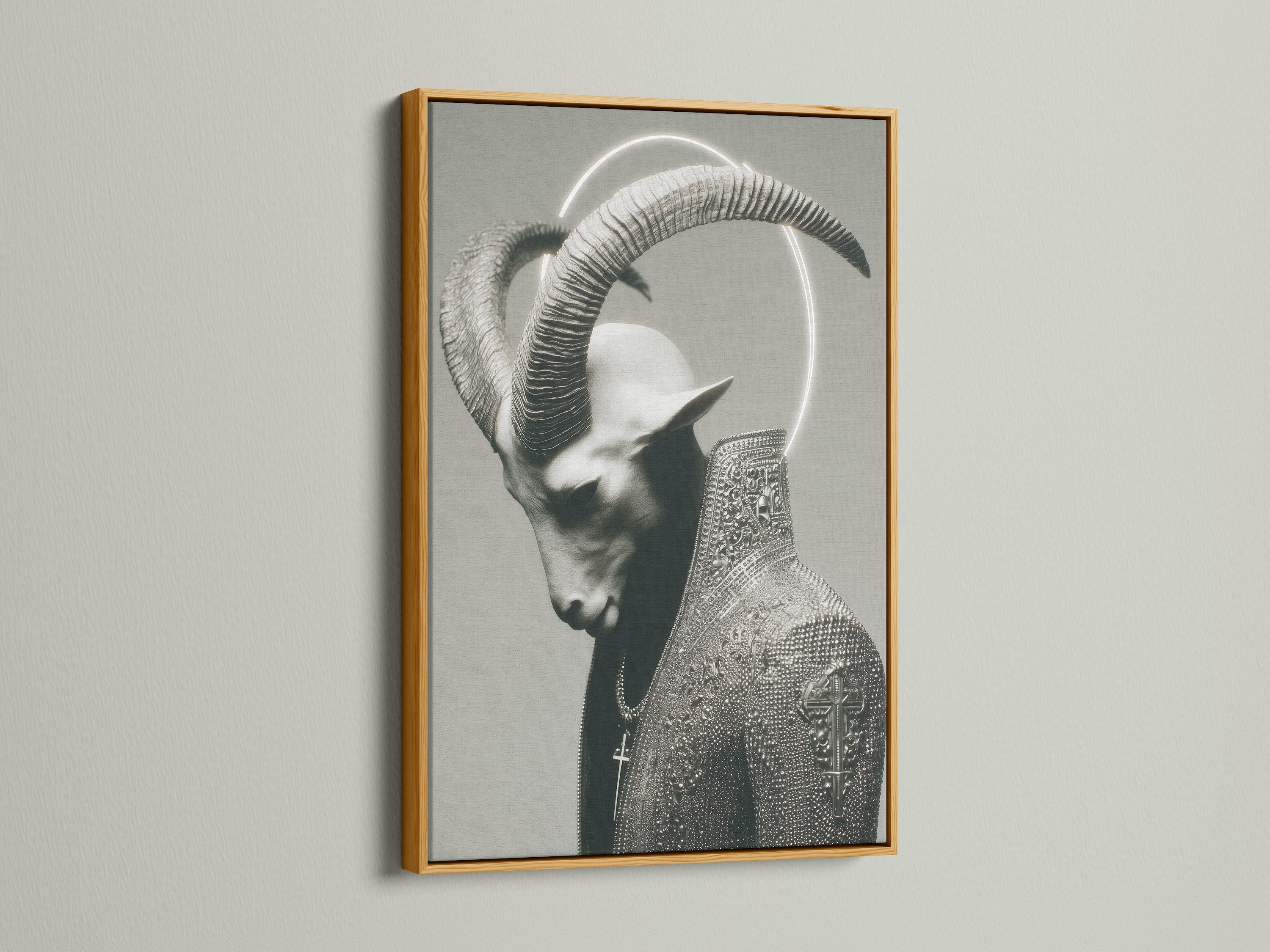 Gothic Horned Figure Art in a gold frame. The artwork features a dark surreal portrait on canvas. It is occult wall decor. It is perfect for a modern bedroom wall. The gold frame offers a luxurious look.