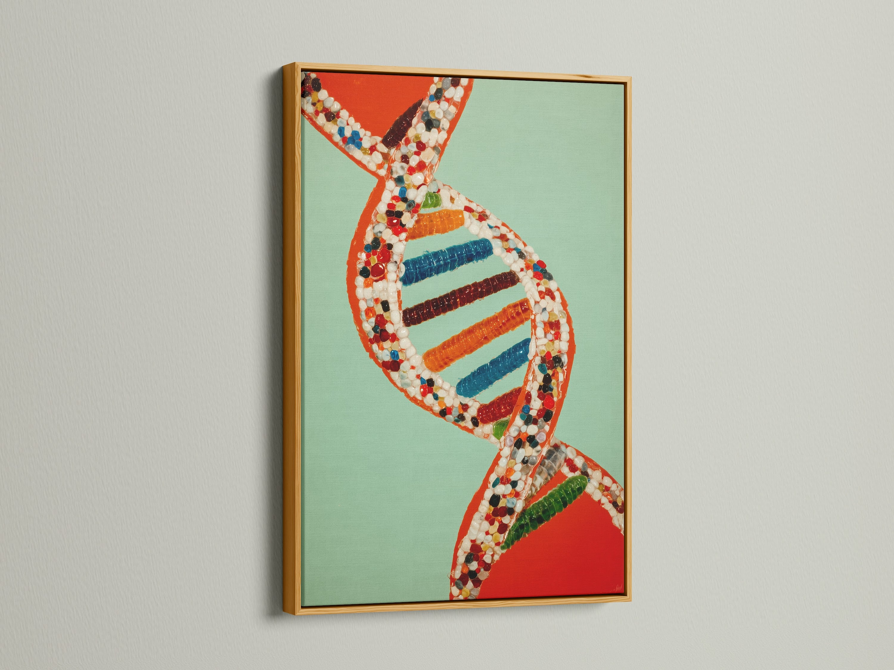 DNA Molecule artwork in a gold frame. The gold frame adds elegance to the colorful genetic code. This science art is perfect for office biology decor. It's a unique science gift for those who appreciate contemporary art. Elevate your space with this eye-catching piece