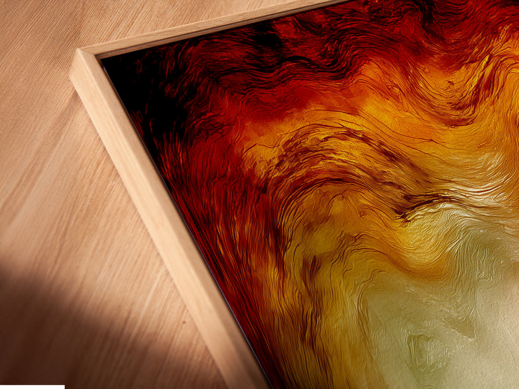 Close up of a canvas print in a floating frame. The abstract biker artwork seems to float. This modern sport print is perfect for home decor. The floating frame adds elegance. The canvas print is ready to hang.