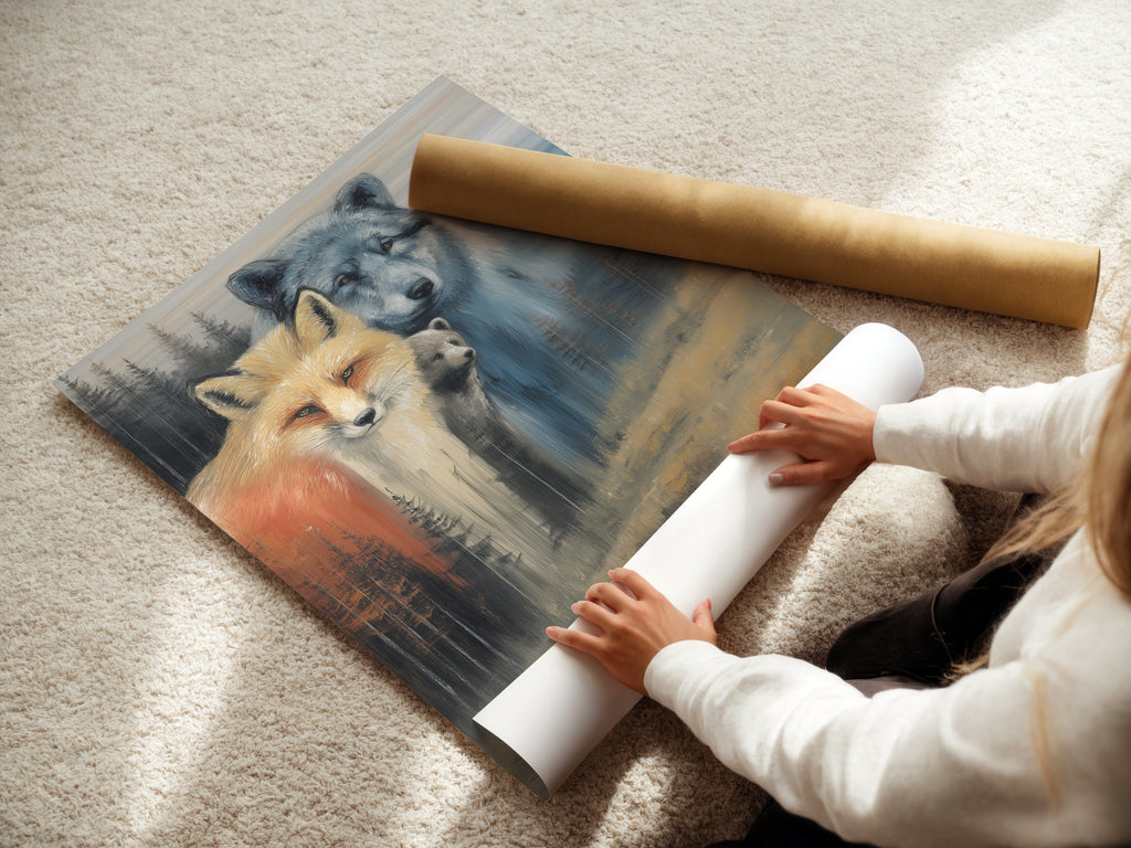 Woman carefully rolling a fine art poster paper featuring a wildlife family. This fox wolf and bear artwork is ready to be framed. Order your art print today for cabin decor.