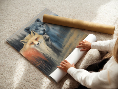 Woman carefully rolling a fine art poster paper featuring a wildlife family. This fox wolf and bear artwork is ready to be framed. Order your art print today for cabin decor.