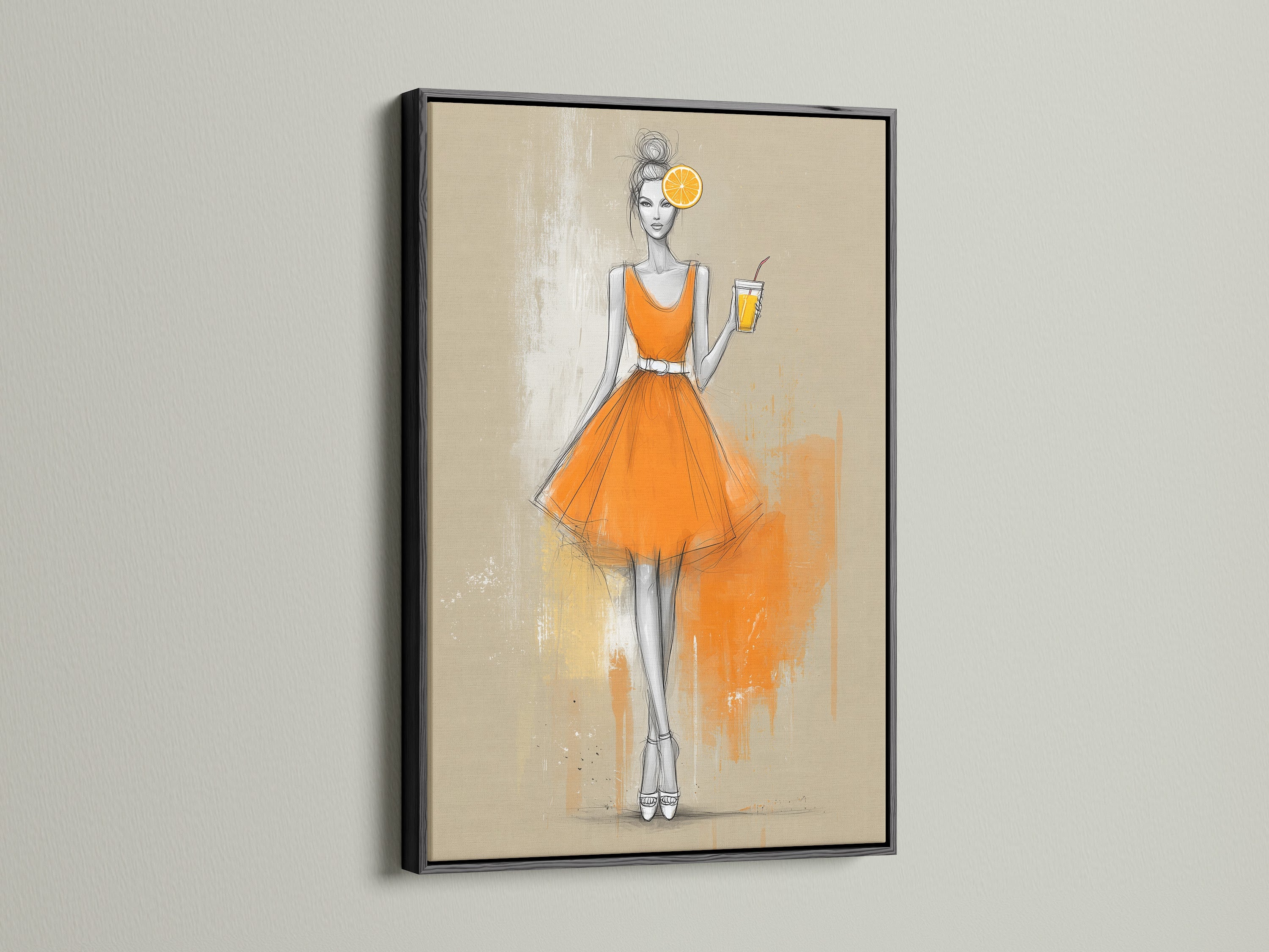 Fashion Illustration Canvas Print in a black frame. A striking fashion sketch that enhances any space. Ideal for dorm rooms studios and fashion-forward homes. This retro fashion art is a perfect complement.