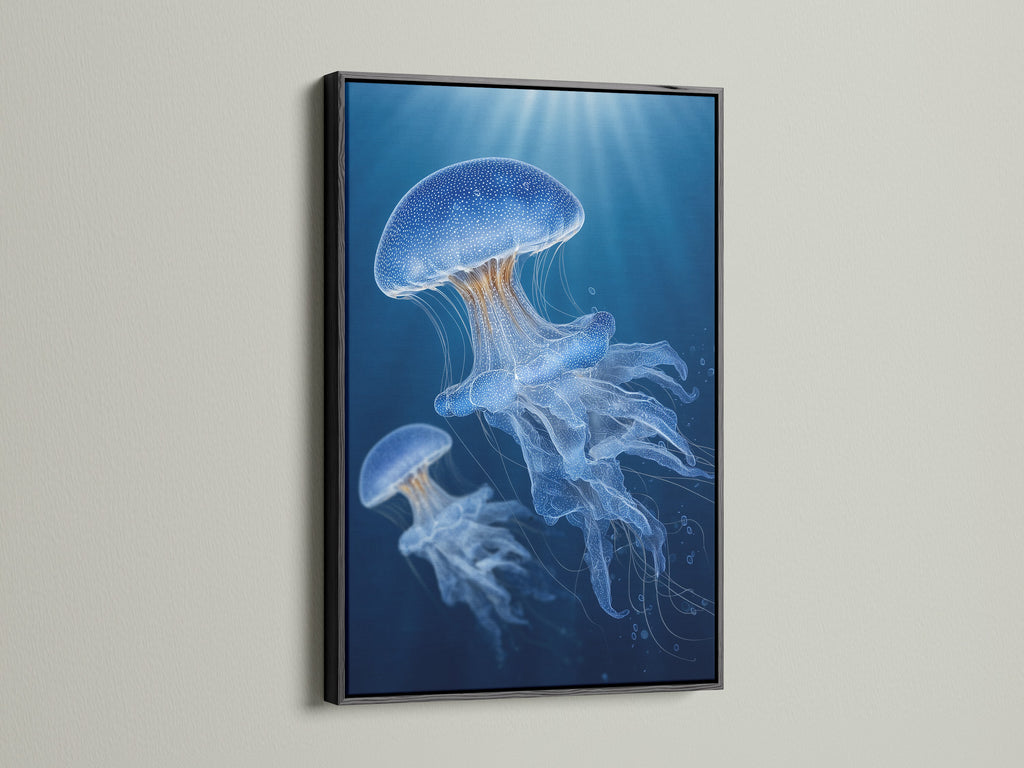 A striking black frame showcases jellyfish artwork. The dark frame contrasts with the bright wall. The artwork is elegantly displayed. The black frame adds sophistication and boldness. It makes the colors pop. Perfect for modern and contemporary spaces.