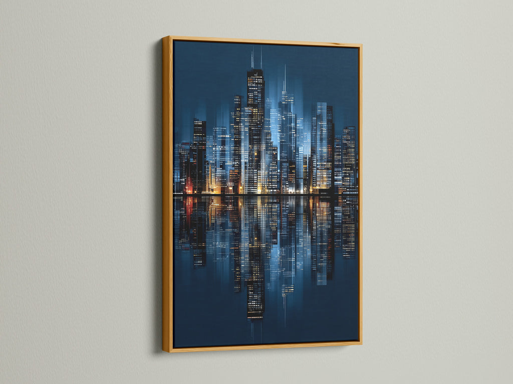 The Chicago skyline canvas print shines in a gold frame. The metallic accent complements the urban photography. This piece elevates skyscraper art. It brings a touch of luxury to contemporary wall art settings.