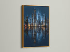 The Chicago skyline canvas print shines in a gold frame. The metallic accent complements the urban photography. This piece elevates skyscraper art. It brings a touch of luxury to contemporary wall art settings.