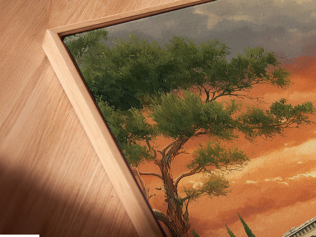 A close-up angled view of a Greek Temple canvas print in a floating frame. The artwork showcases classical architecture and enhances any space. The Parthenon print is ideal for minimalist and eclectic styles. Add a touch of ancient Greece to your home or office. This artwork is perfect for any wall.