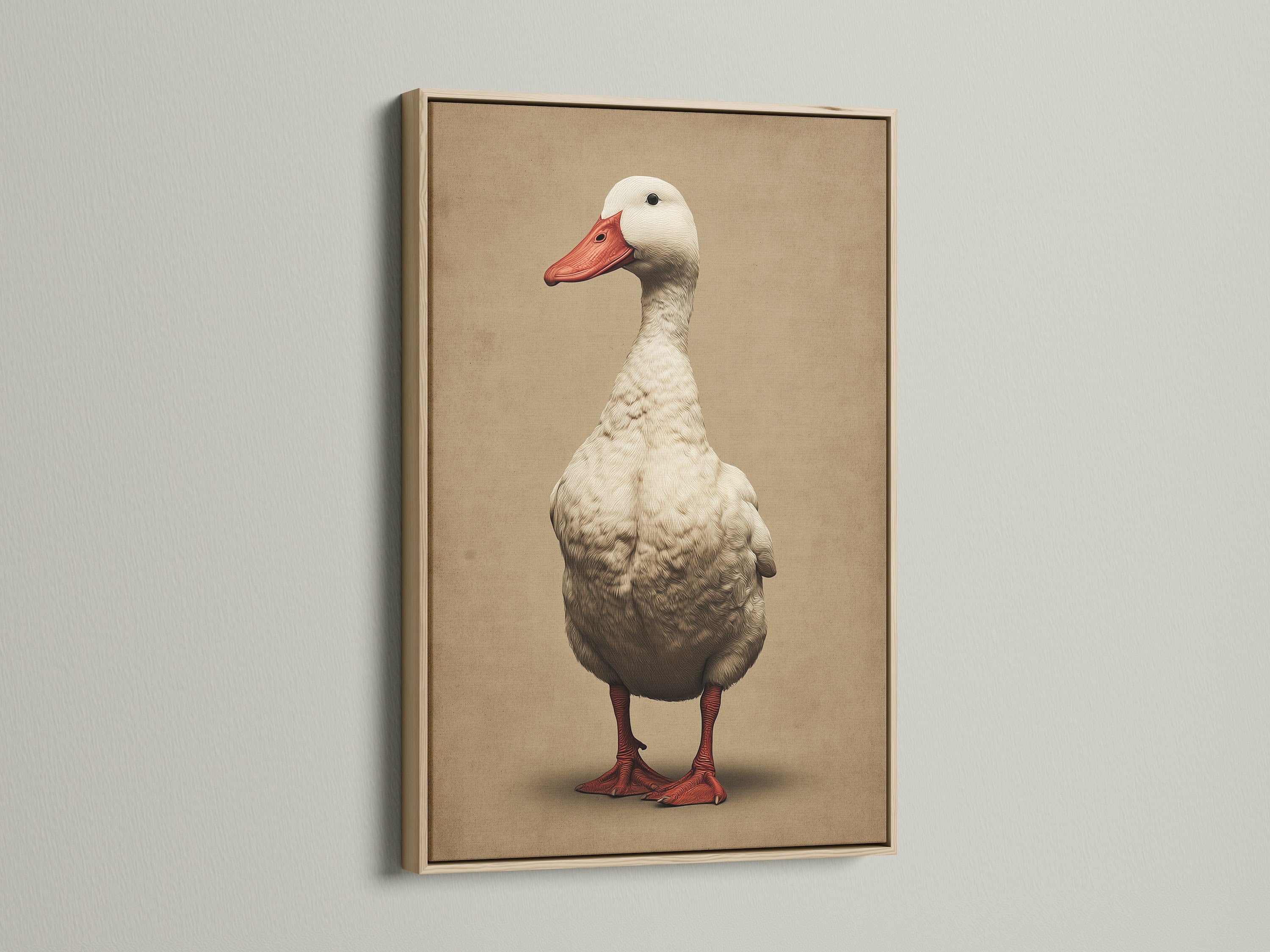 This is a vintage duck art print in an oak frame. Add a touch of rustic charm to your home with this farmhouse goose wall artwork. It's ideal for creating a cozy kitchen or dining room decor. The artwork brings a country aesthetic.