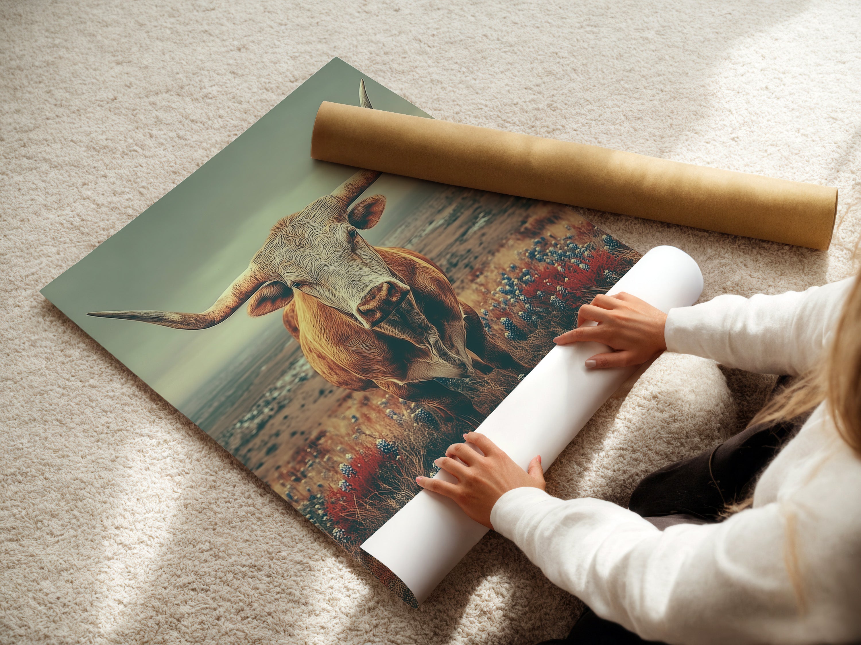 A woman is rolling fine art poster paper. This Highland Cow art is ready to be framed. It's a perfect piece of vintage country landscape to elevate your space. This rustic farm animal wall art is an excellent choice.
