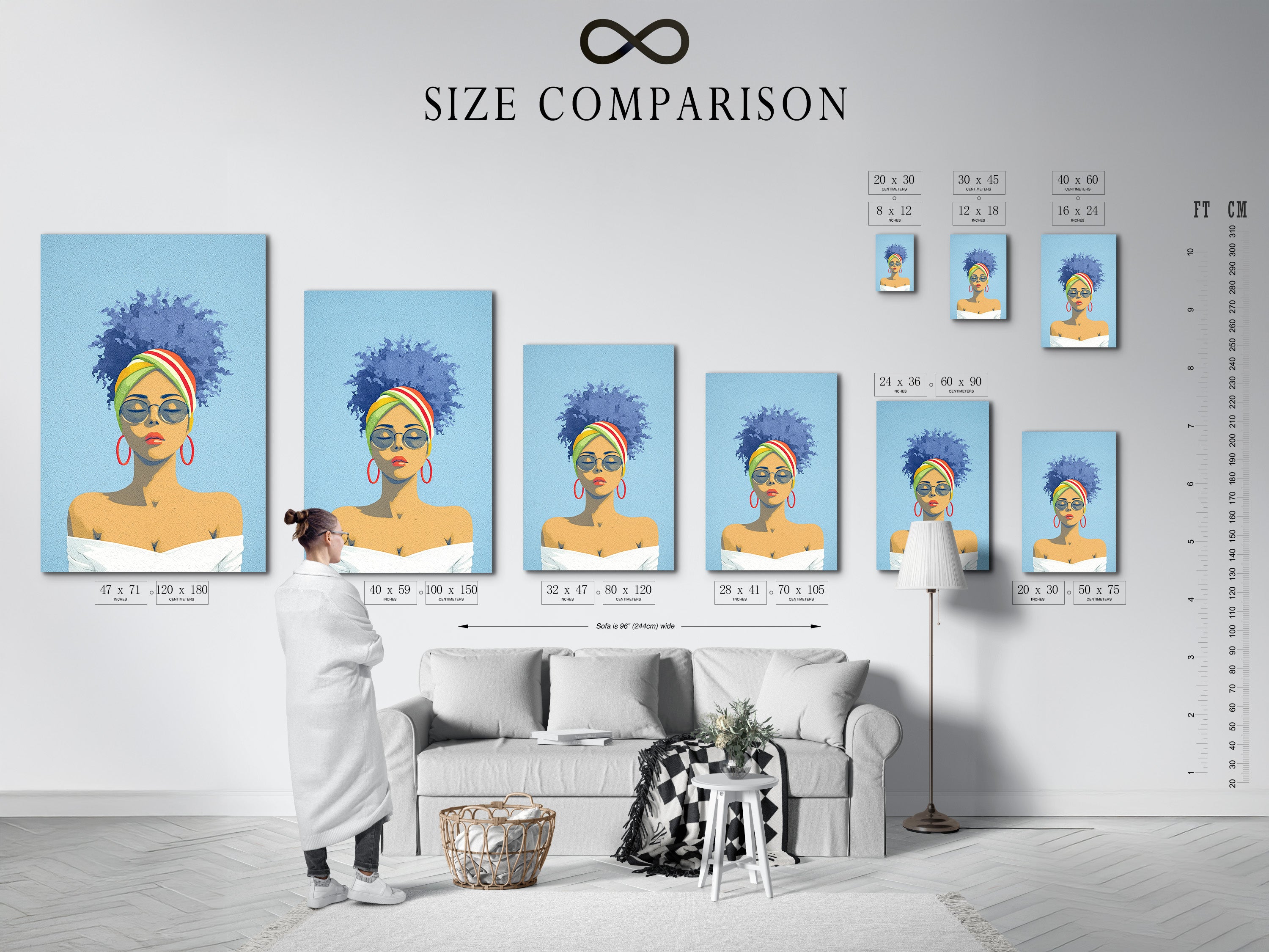 A size comparison chart in an interior setting. This chart helps visualize the artwork's dimensions in a room. Choose the perfect size for your space to display the Afro Woman Portrait.