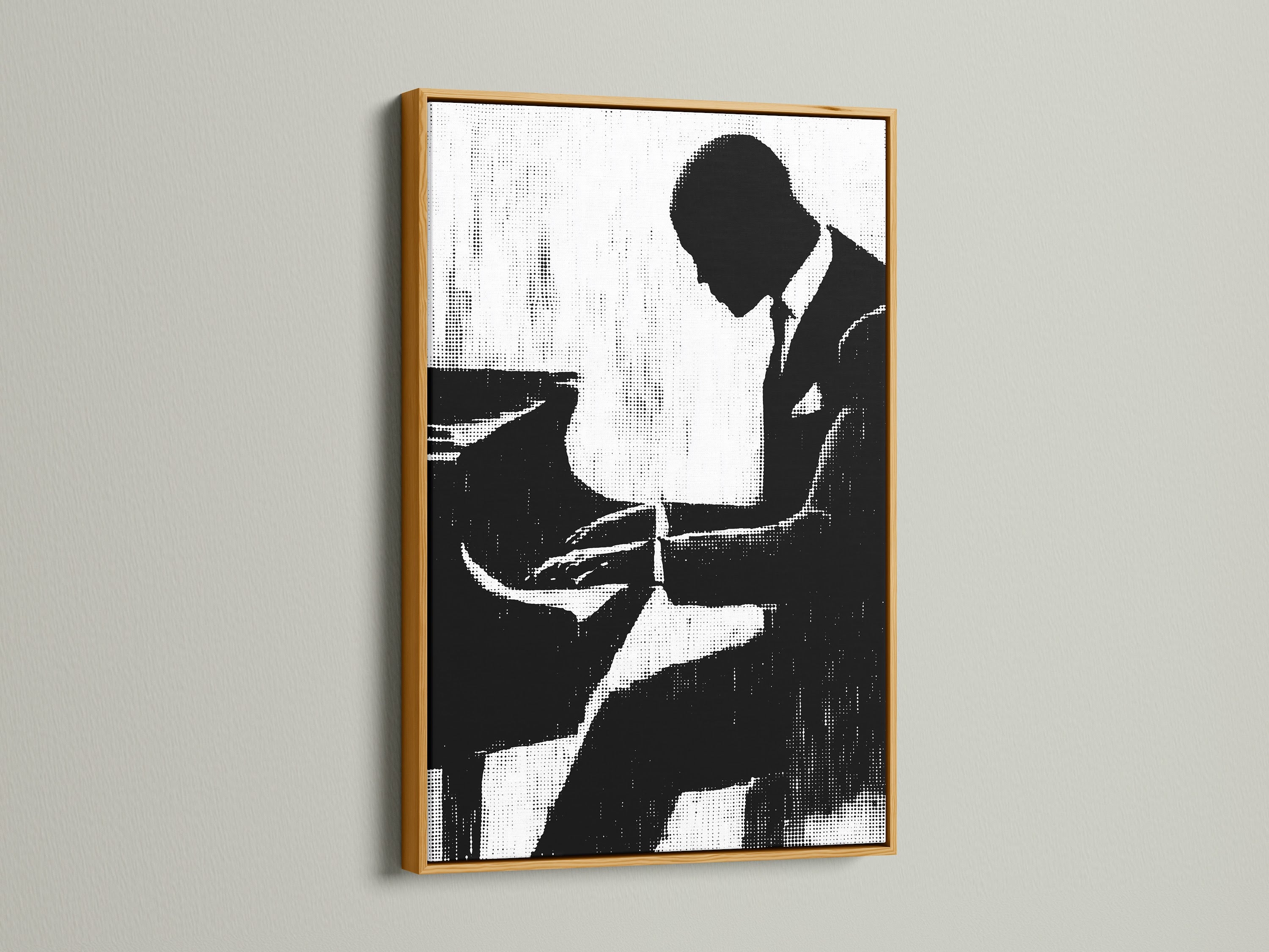 See a musician silhouette art print in a gold frame. This black and white print brings vintage music art to life. This musician art print is ideal for jazz decor. Add this musician poster to your collection.