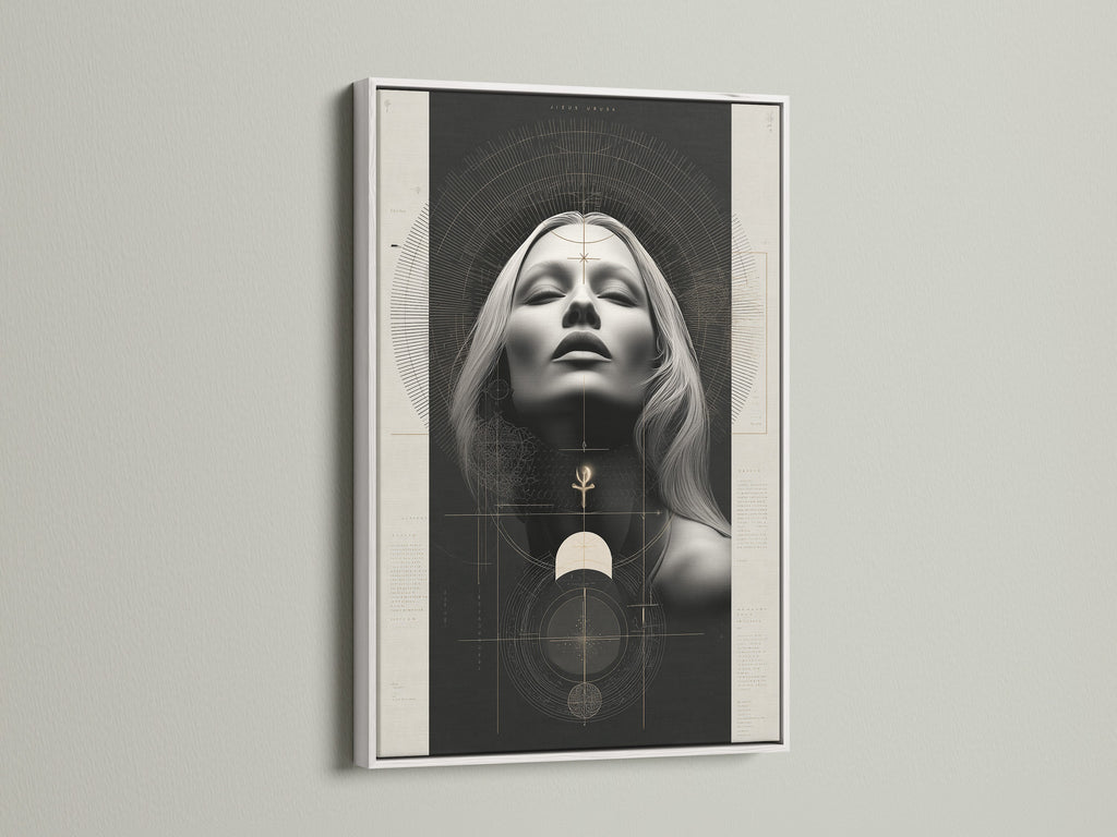 Sacred Geometry artwork featuring a Mystical Woman Portrait in a white frame. This spiritual canvas art is perfect for adding a boho touch to any bedroom. It is ideal for creating a minimalist home or meditation space. Discover the beauty of metaphysical art.