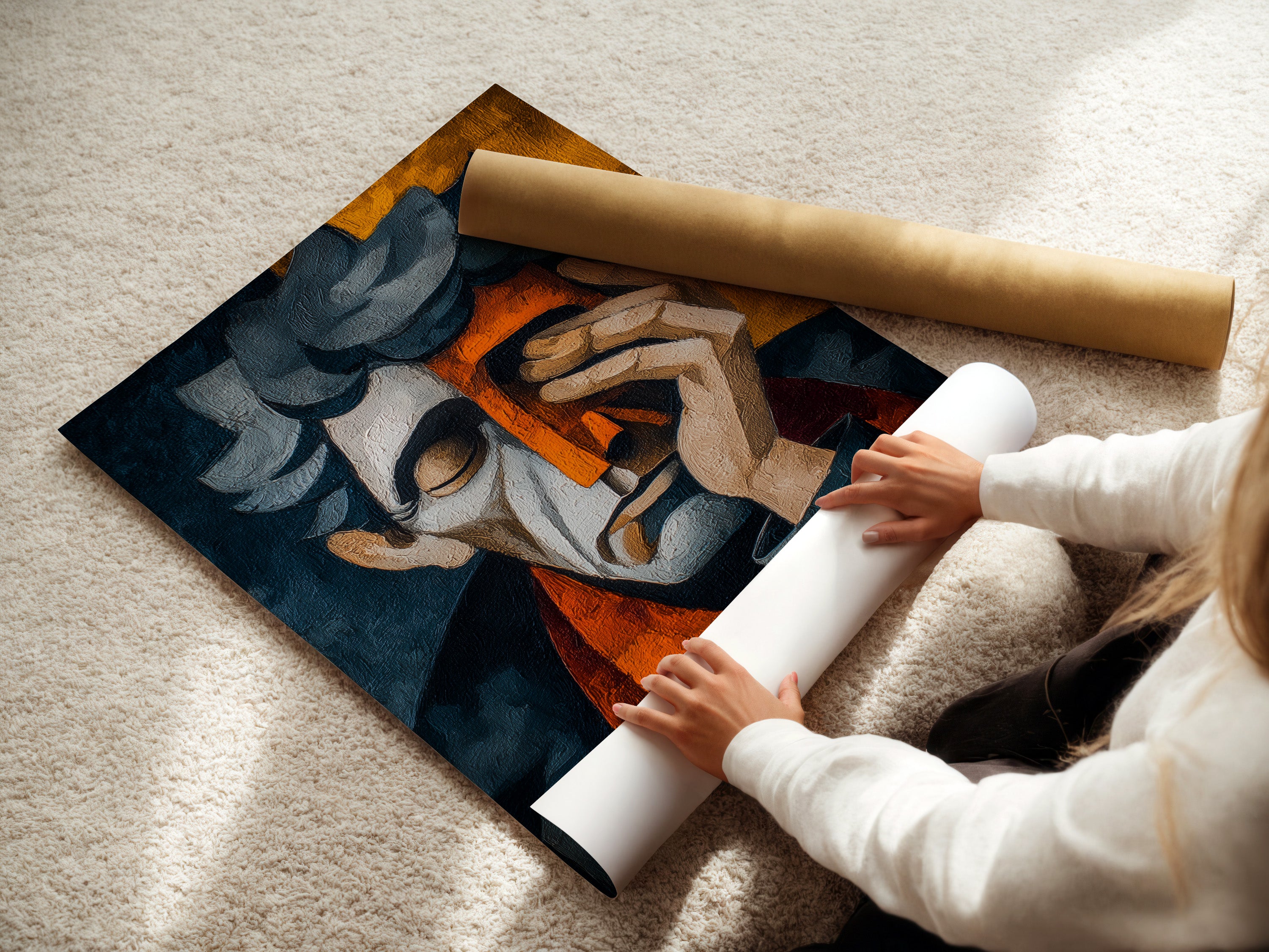 A woman rolling a fine art poster paper. The poster paper is of high quality. The woman is carefully handling the artwork. The paper is smooth and durable. Ideal for creating beautiful art prints. Preserving the integrity of the artwork.