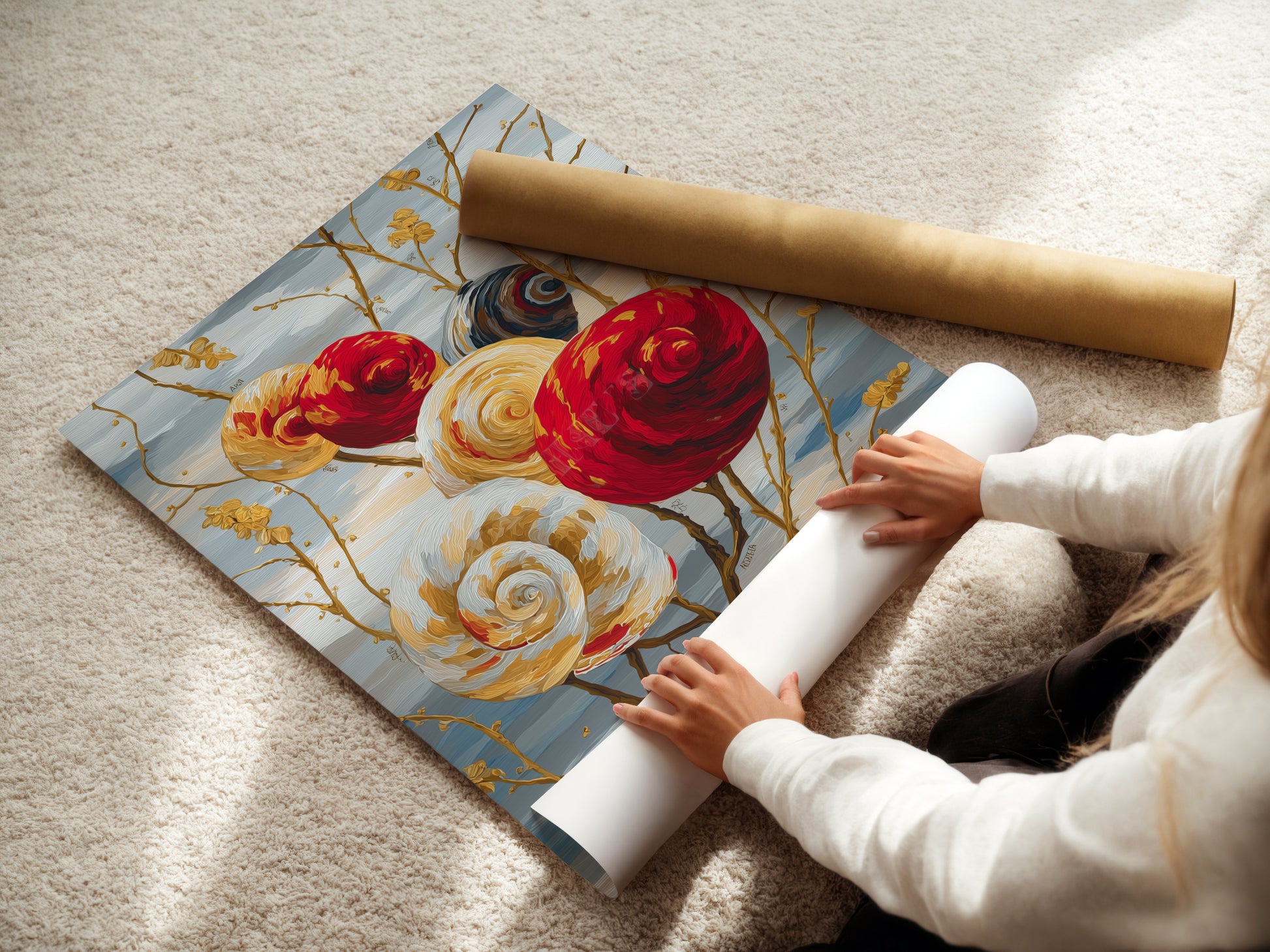 A woman is rolling a fine art poster paper. This high-quality paper showcases the spiral flower artwork beautifully. Choose this option for a lightweight and affordable art solution. Get yours today.