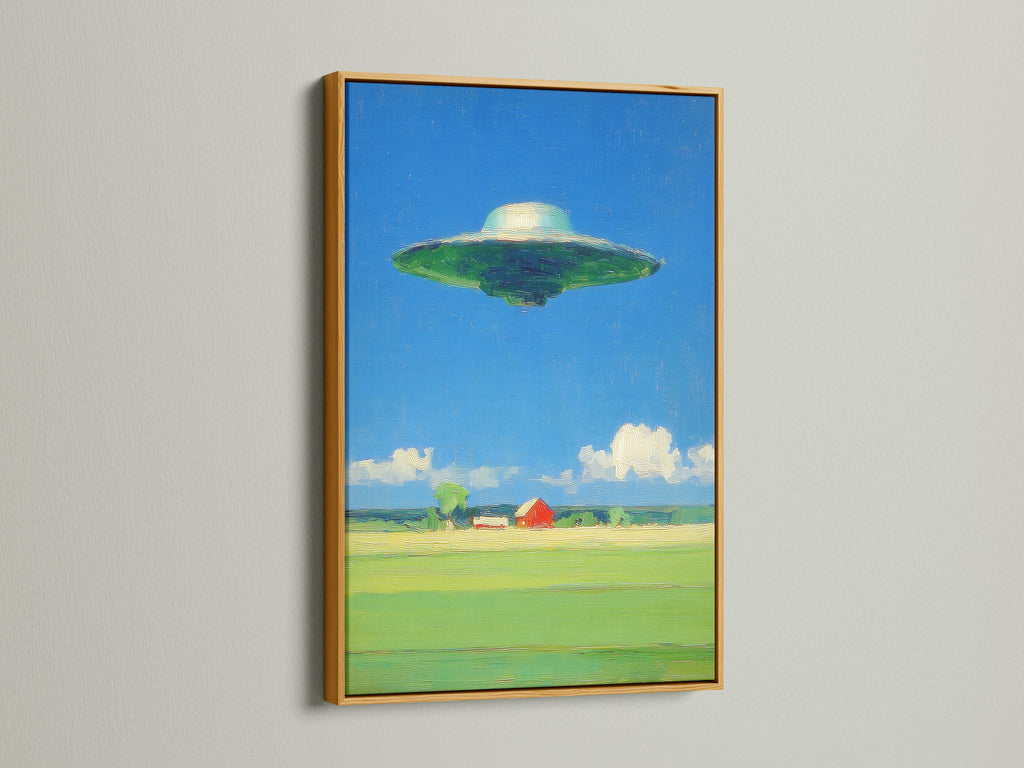 This UFO art print is presented in a gold frame. The artwork combines sci fi themes with a vintage feel. The surreal landscape painting is visually striking. The gold frame adds a touch of elegance. This is perfect for collectors of unique space artwork.